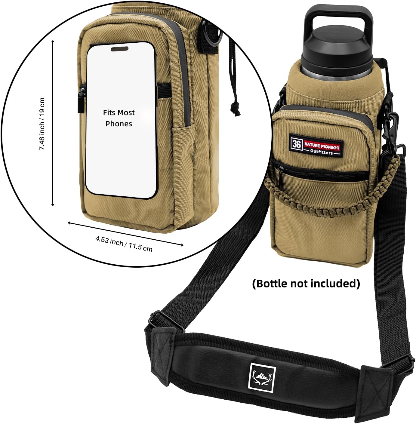 NATURE PIONEOR Water Bottle Holder with Adjustable Strap - 26/32/36/40/46/64oz Insulated Water Bottle Sling Carrier with Paracord Handle & 2 Pockets, Outdoor Sports, Hiking, Camping, Gym - Image 4