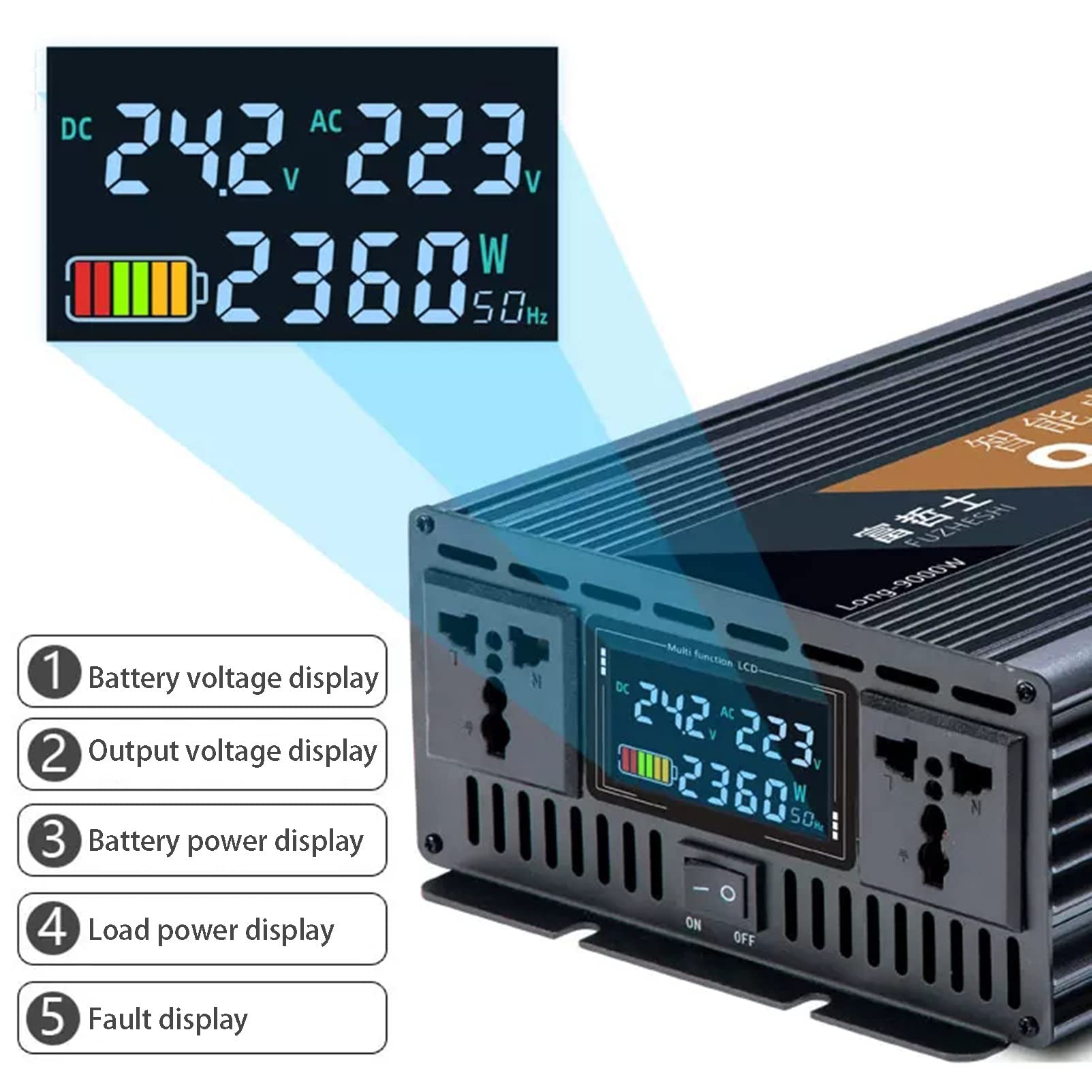 4000W 5000W 5500W 6000W 7000W 8000W 9000W 10000W 12000W Czysta Fala Sinusoidalna Przetwornice mocy DC 12V24V48V60V do AC 220V z 2 Gniazdami AC Wyświetlacz LCD,4000W-12V