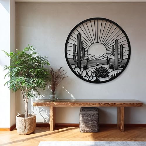 Miniatura 6 de Arte de pared de metal de cactus del desierto, decoración de pared redonda del desierto con diseño de cactus y puesta de sol, arte de pared de metal