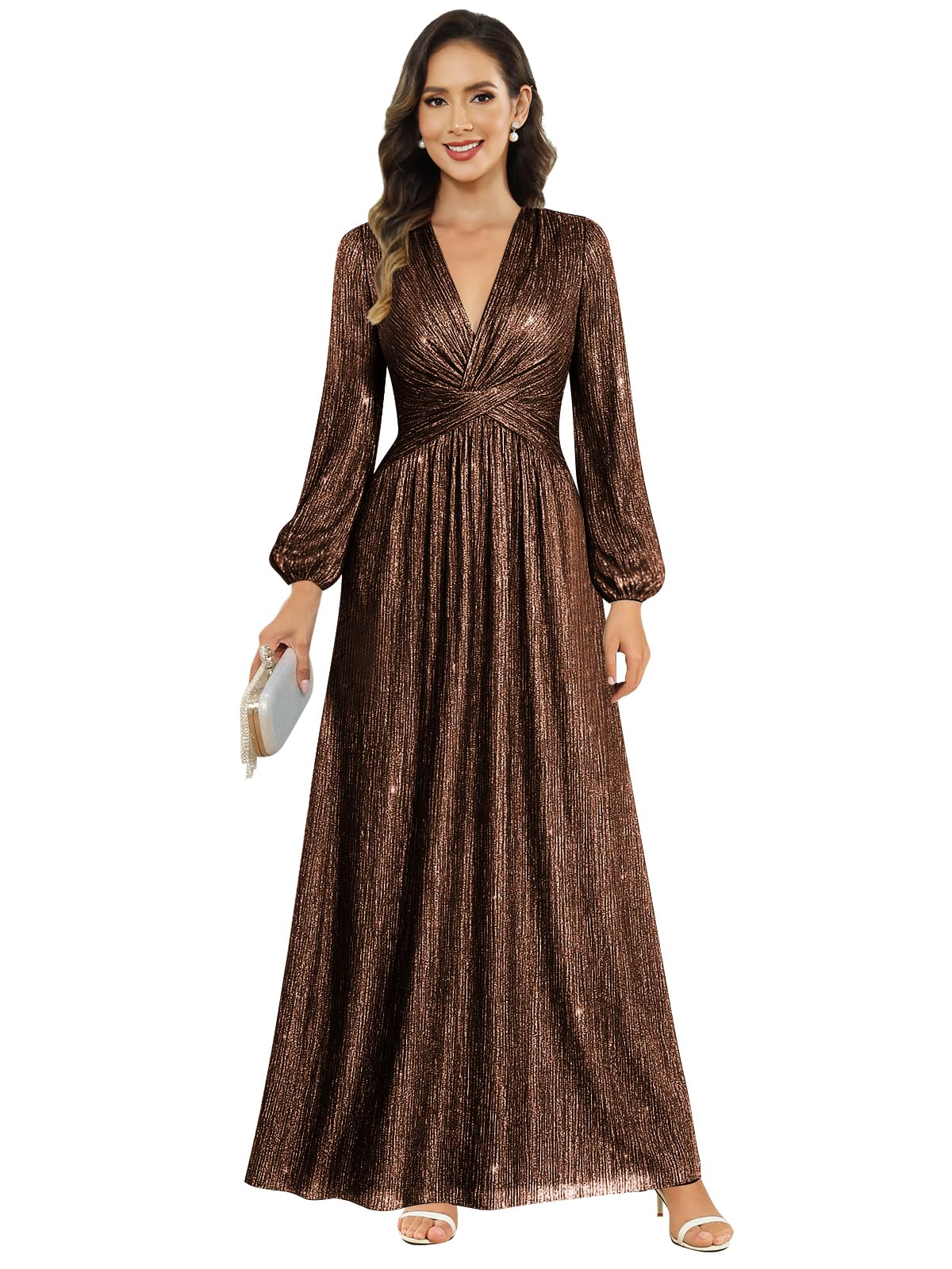 Womens V Neck A-Line Formal Wedding Guest Dresses Long Lantern Sleeves Floor Length Glitter Evening Gowns