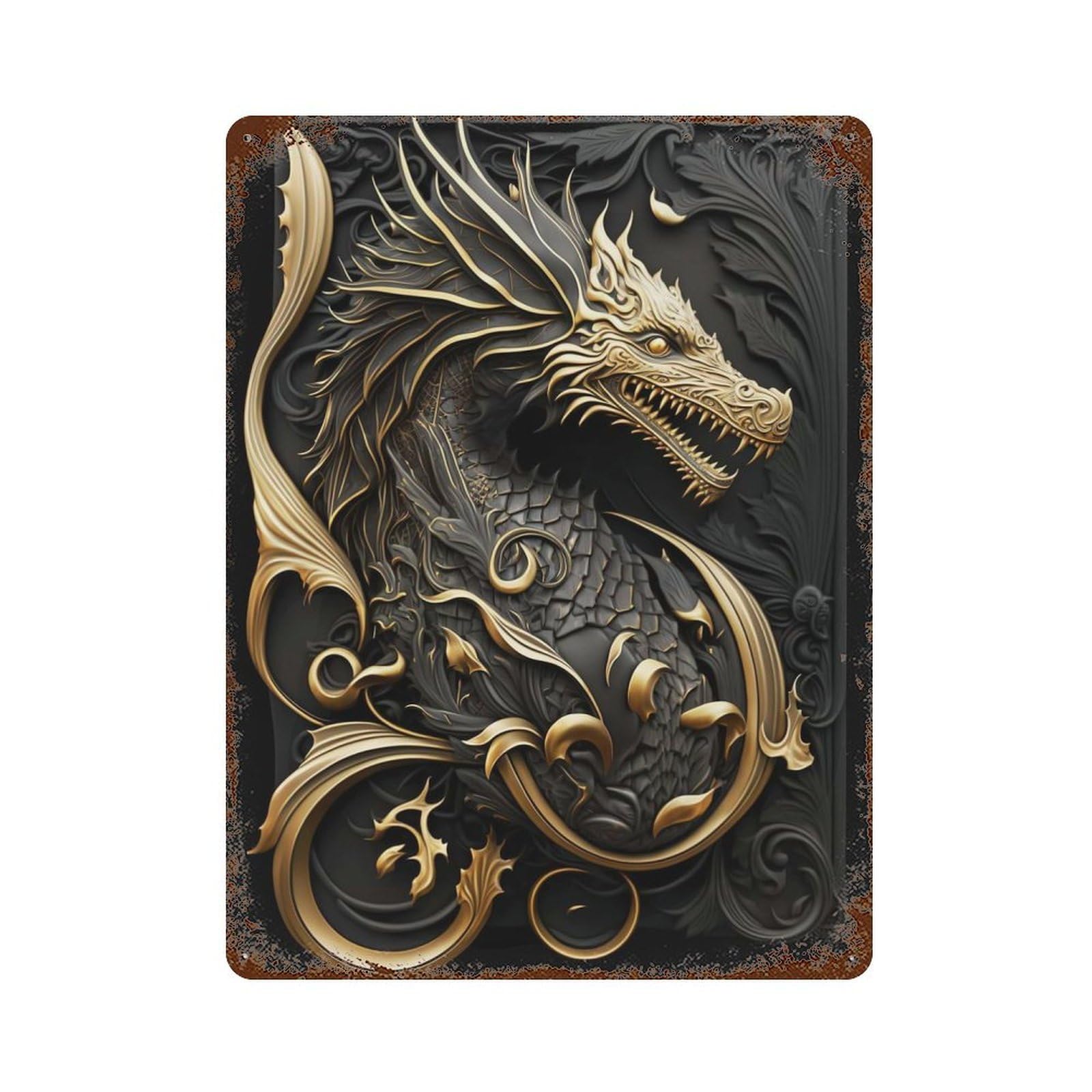 Rust Effect Dragon Golden Flame Rustic Tin Plaque 15.7"x11.8", Industrial Home Decor for Bistro, Counter And Cafe Decor