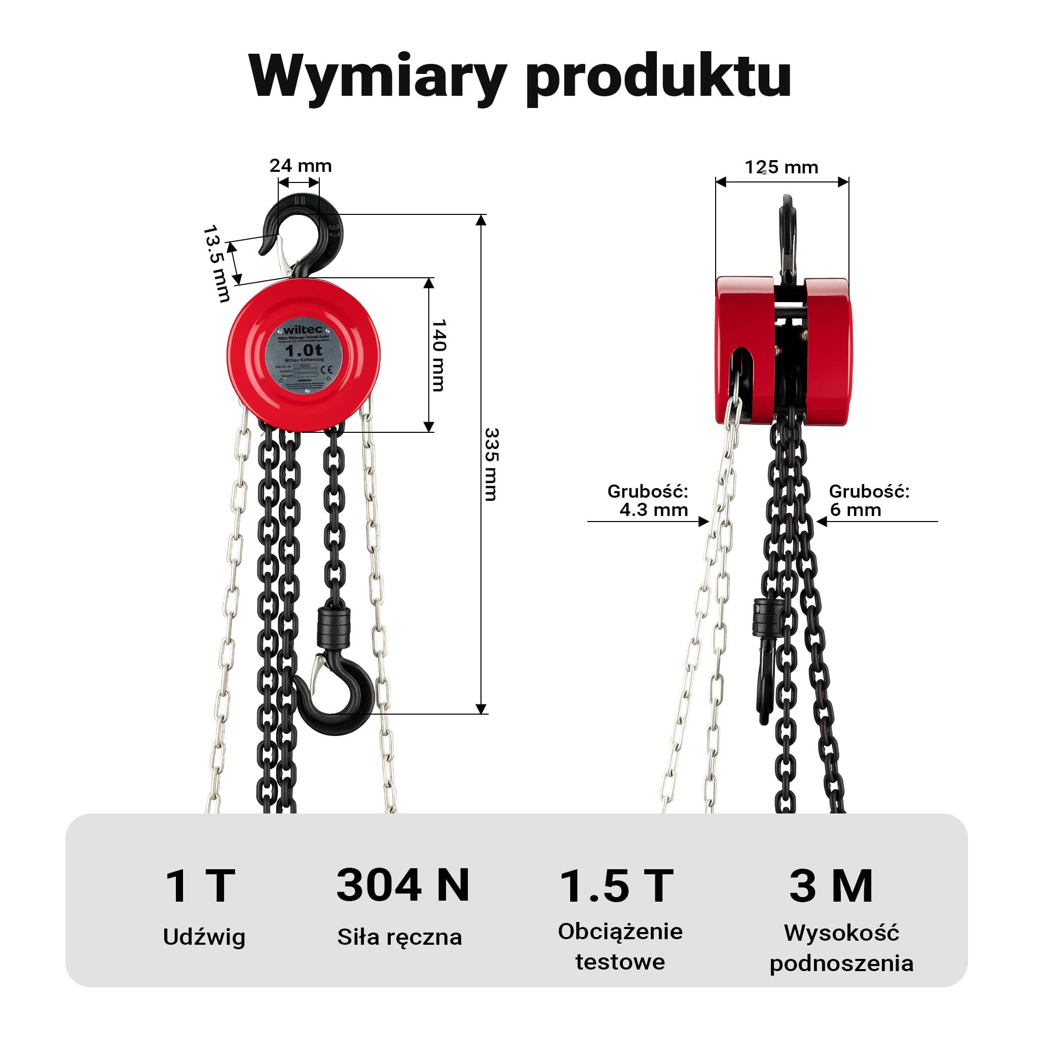 Wiltec Wciągnik łańcuchowy ręczny 1000 kg, wytrzymała wciągarka linowa ręczna z 3 m stalowym łańcuchem, kompaktowy rozmiar do warsztatu, lasu i budowy