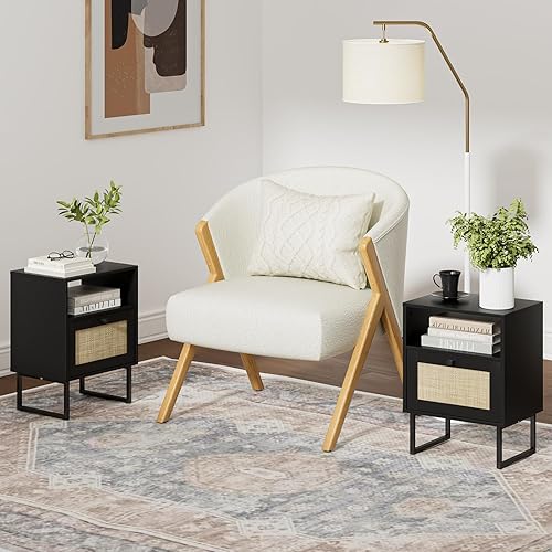 Miniatura 4 de Masupu Mesita de noche de ratán, moderna mesita de noche de madera bohemia con cajón de almacenamiento y estante abierto, mesa auxiliar pequeña con