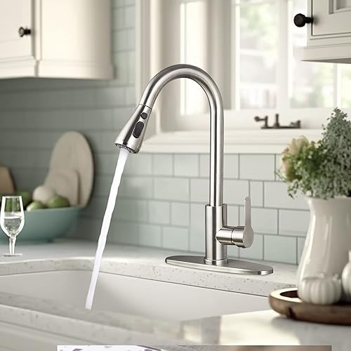 Miniatura 5 de CILAIXI Grifo de fregadero de cocina para utilidad, grifos de cocina modernos con rociador extraíble, grifo de níquel cepillado (3 agujeros
