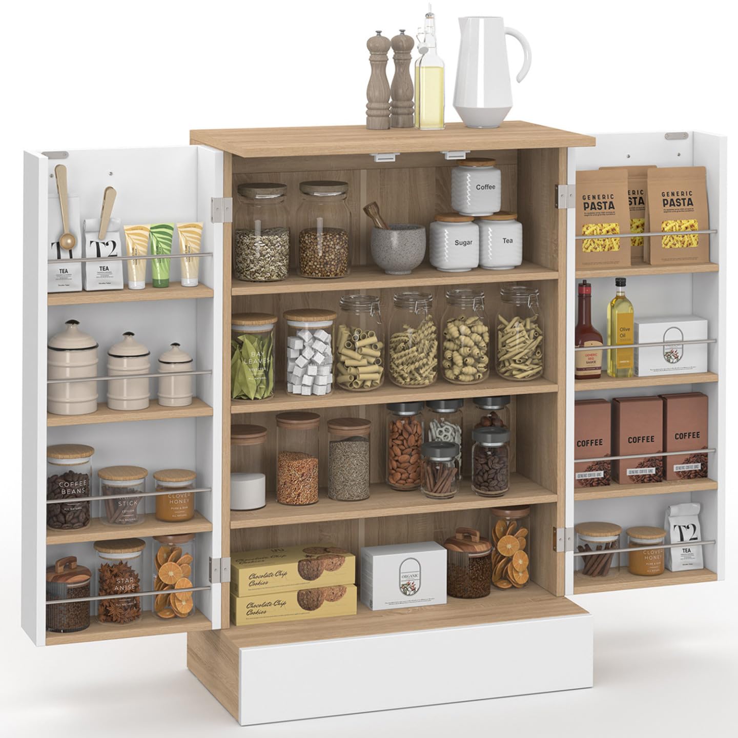 IDMarket - Buffet Bas de Cuisine Alto H.90 cm avec rangements Blanc et Bois