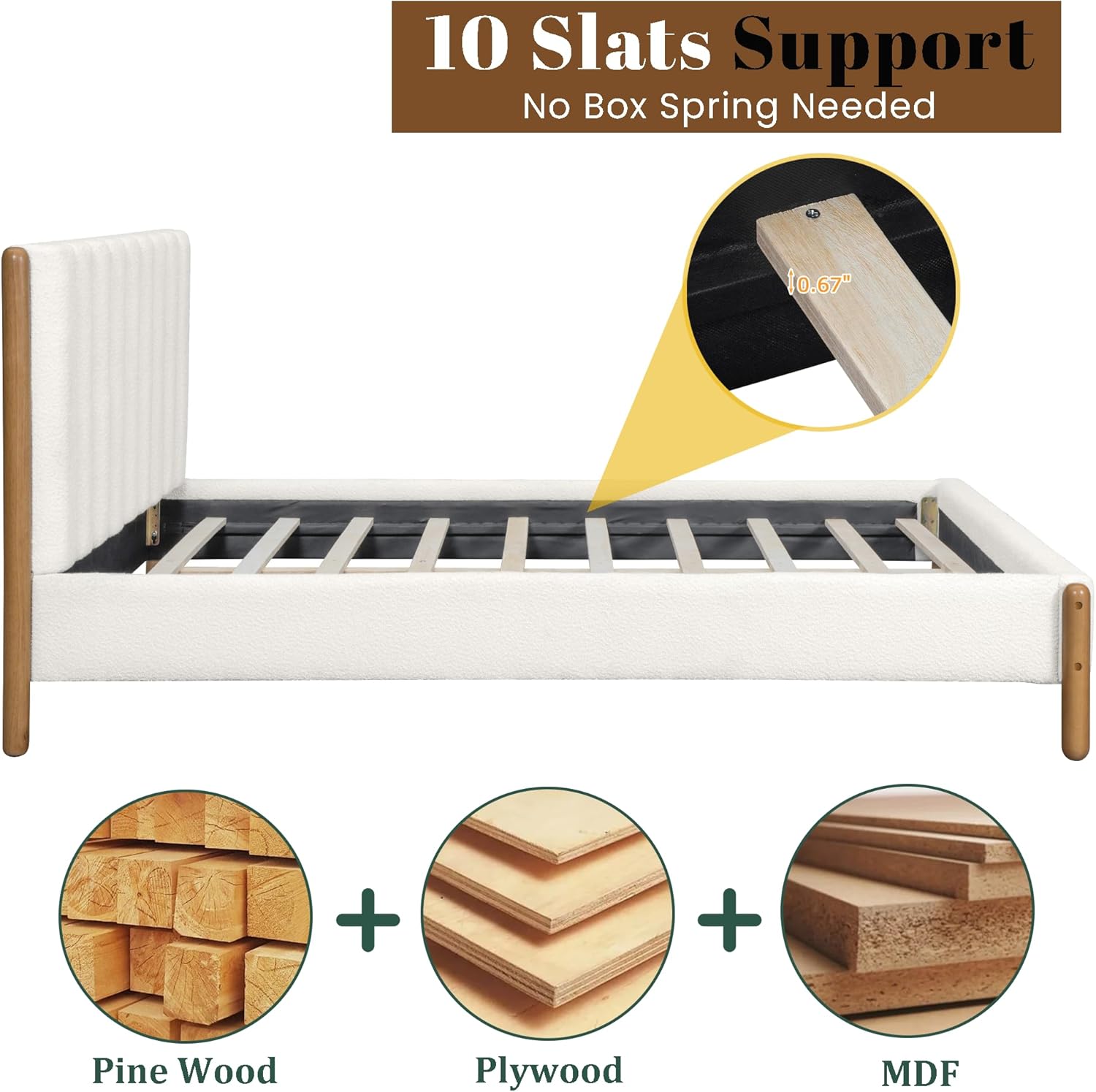 Queen Size Bed Frame with Boucle Upholstered Headboard, Solid Rubberwood Legs & Vertical Striped Design, Sturdy Wood Slat Support Boucle Bed Frame, No Box Spring Needed, White