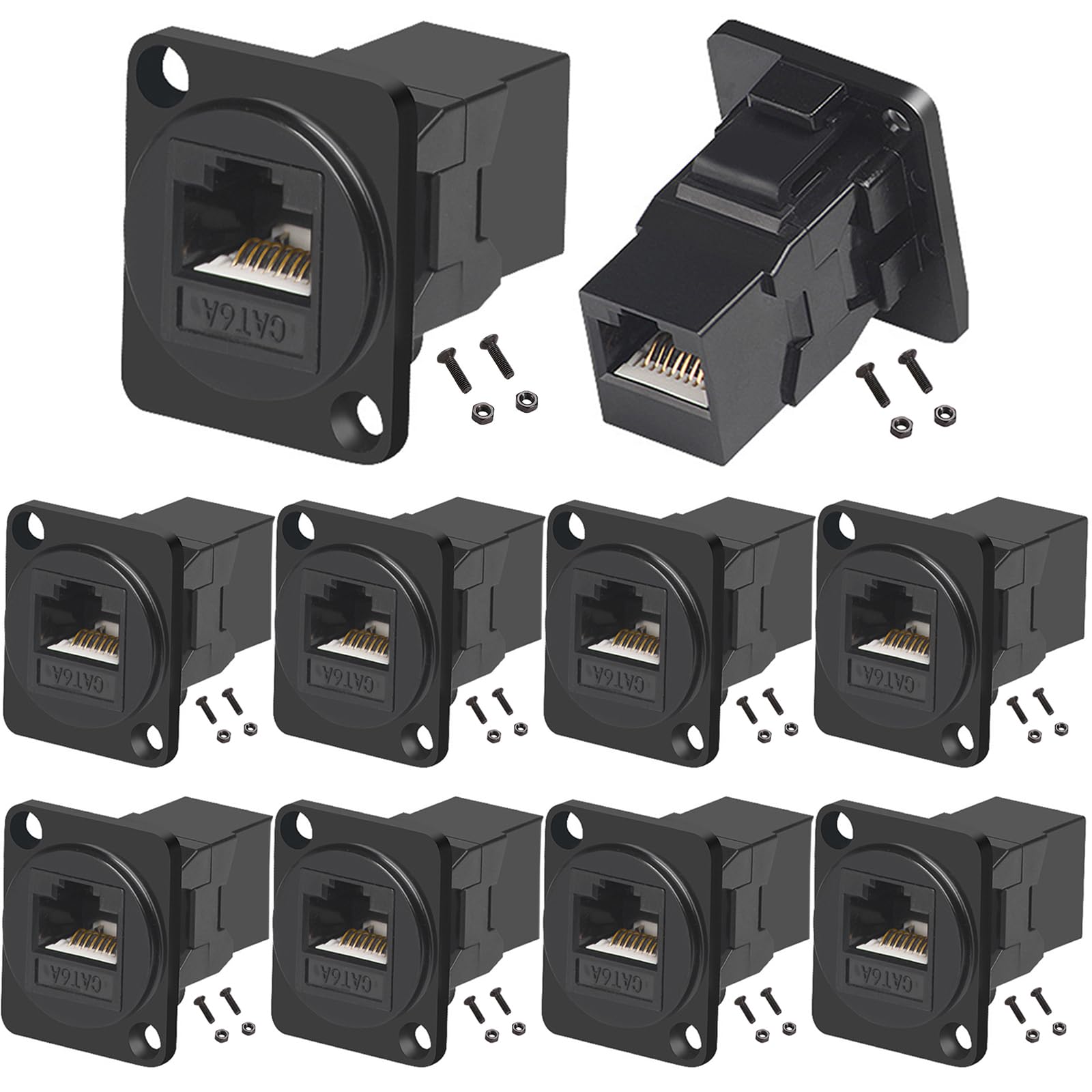 PENGLIN 10PCS D-Type CAT6A Panel Mount Connector, RJ45 Pass-Through Connector Female to Female, RJ45 Ethernet LAN Network Coupler for CAT6a/CAT6/CAT5E