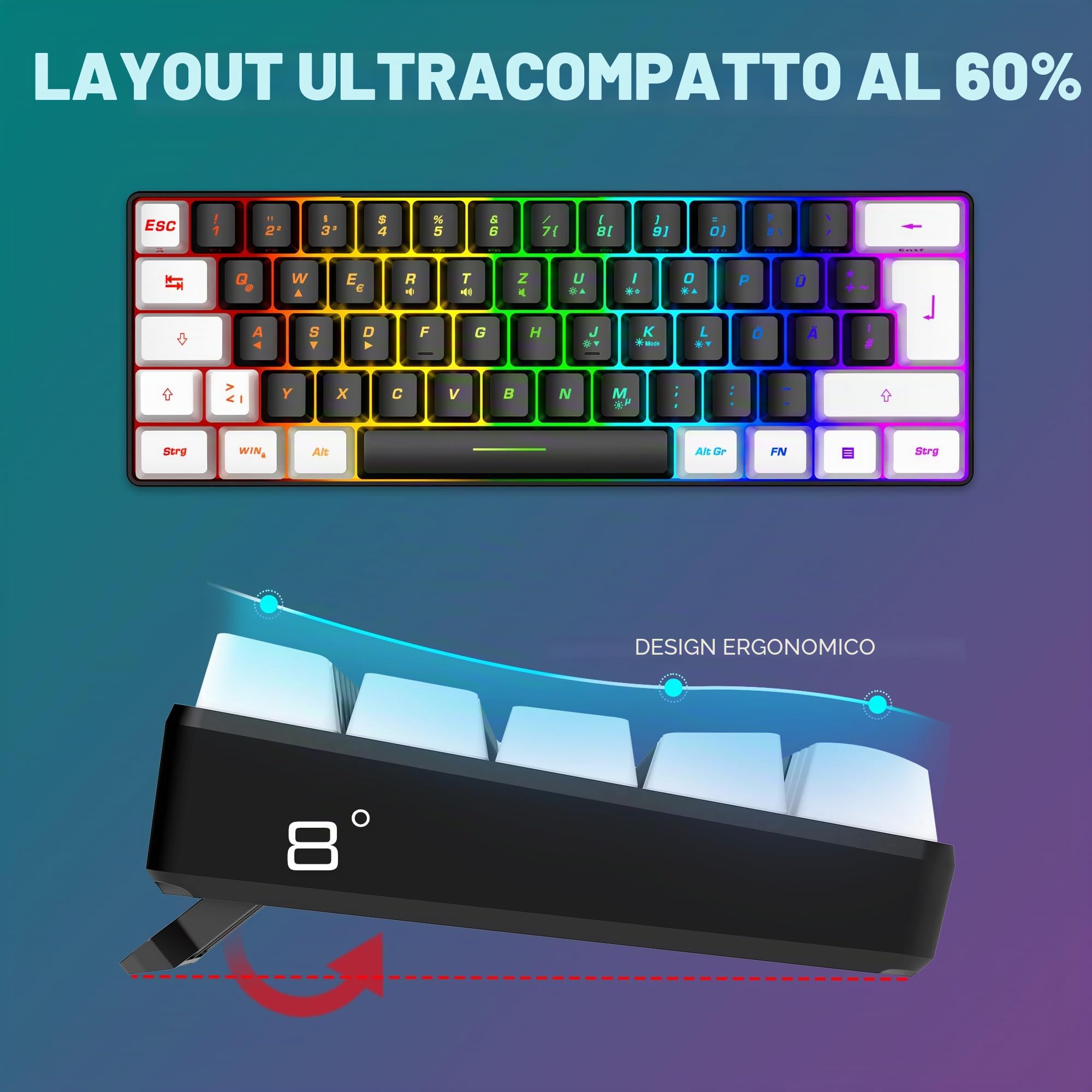 RedThunder 60% RGB, set tastiera-mouse gaming, mini tastiera, 62 tasti, layout tedesco, 7200 DPI, struttura a nido d'ape per PC, MAC, PS5, Xbox (bianco e nero)