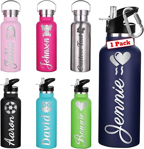 Botellas de agua personalizadas con tapa con pajilla grabado a granel botella deportiva de metal aislada personalizada con nombre y texto para