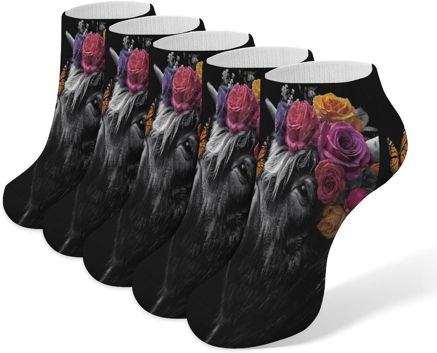 Highland Cow Rose Flower Socks for Men Women 5 Pairs Ankle Socks
