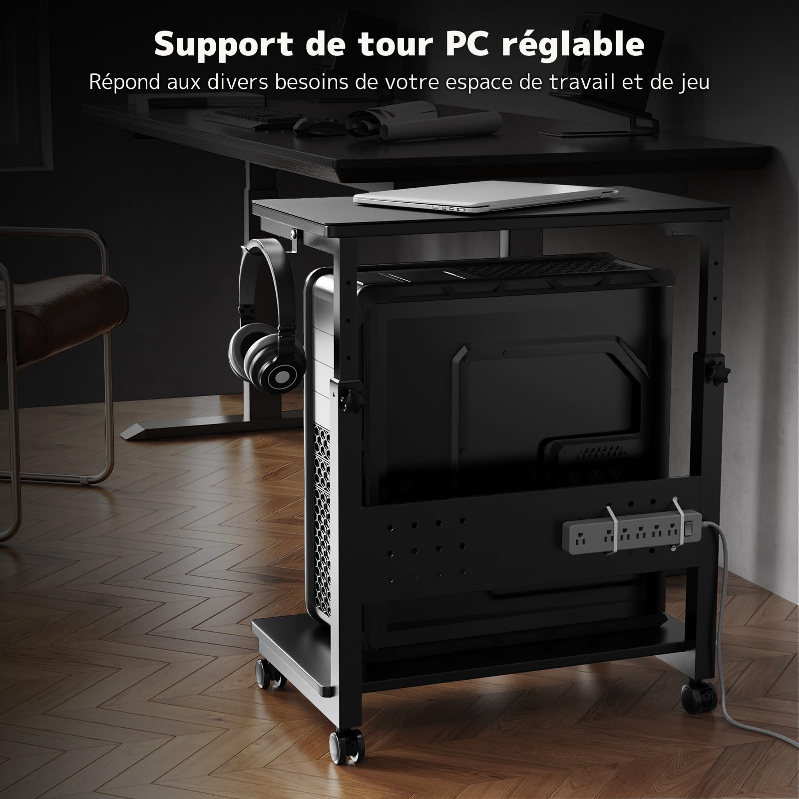 PUTORSEN Support Tour PC Réglable Hauteur à 2 Niveaux, avec Roulettes et Tapis de Souris, Support PC sous Bureau pour Boîtier ATX jusqu'à 40kg/Niveau, Support pour Imprimante de Bureau Domestique,Noir