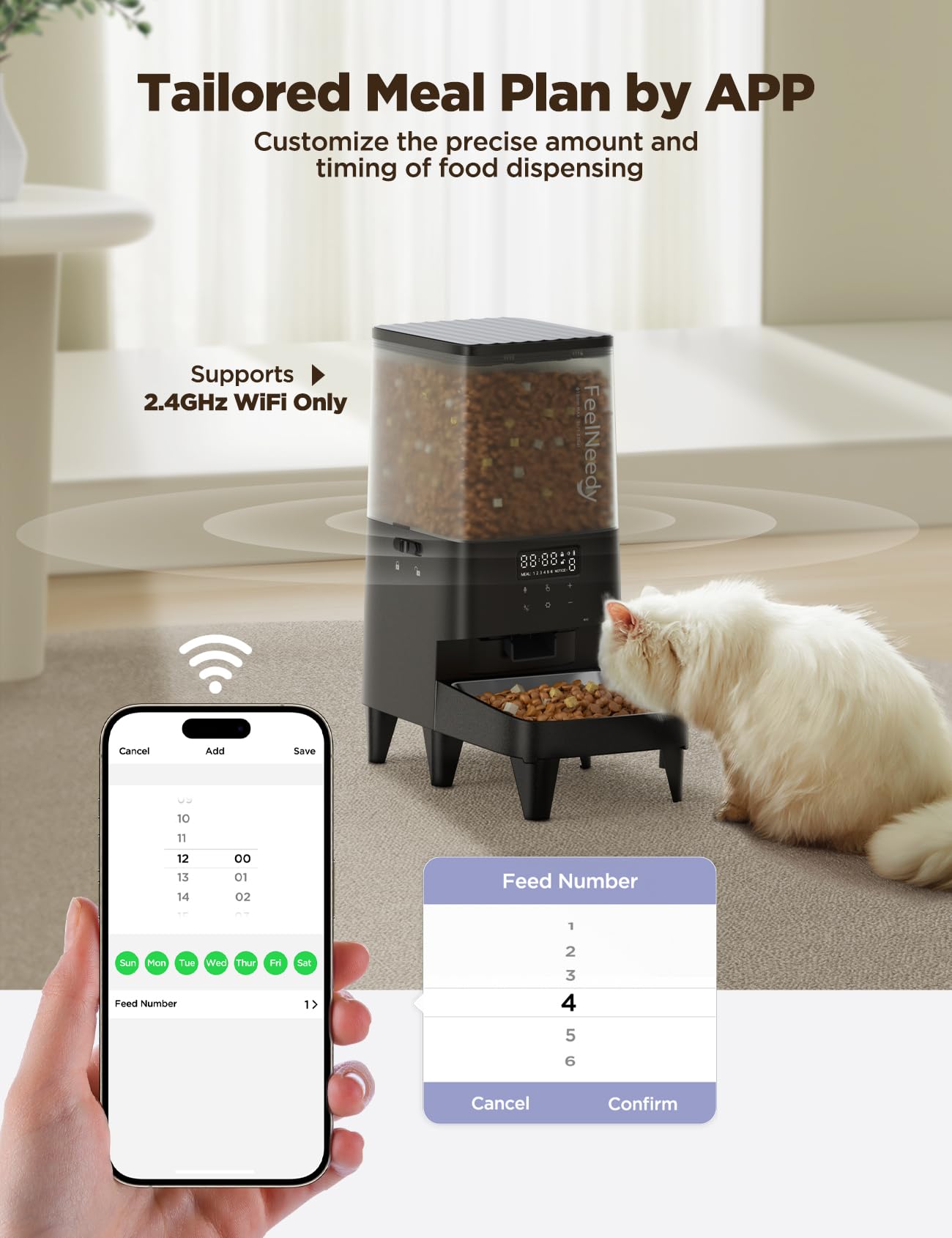 Distributore Automatico Cibo Gatti Cani WiFi 2.4G, FEELNEEDY 5L Dispenser Crocchette Cibo Cani Automatico, Pet Feeder Automatico Mangiatoia per Animali Domestici (APP-Nero)