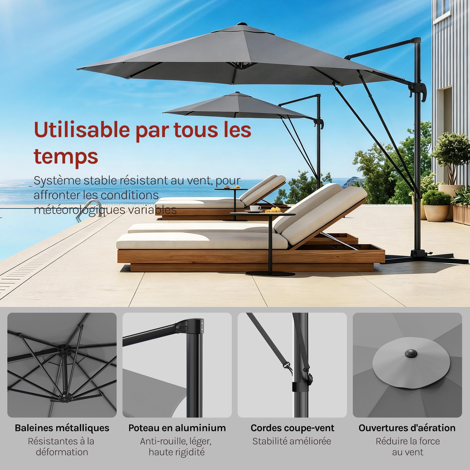 WOLTU Parasol Déporté, Parasol de Jardin Extérieur Rond de 3m, Rotatif à 360°, 5 Niveaux d'Inclinaison, UPF 50+, avec Manivelle, Sac, Cordes Coupe-vent, Mât en Aluminium