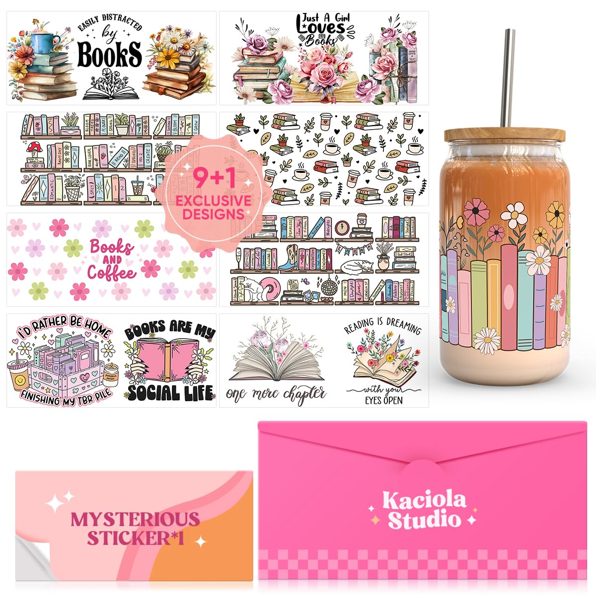 Kaciola 9 Sheets UV DTF Cup Wraps for 16 oz- Booklover Theme UV DTF Stickers, 1 Sheet Mysterious Pattern Transfer, Rub on Transfers Stickers for 16 oz Libbey Glasses Crafting