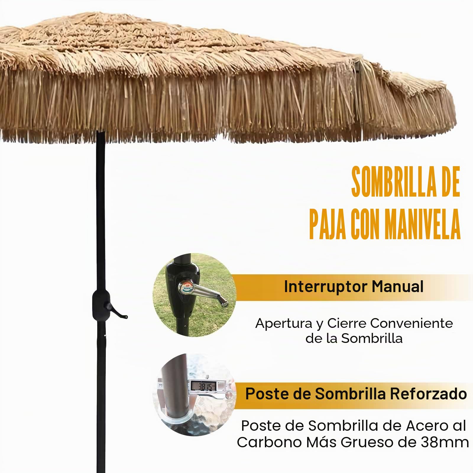 Sombrilla Playa Grande De 270cm Con 8 Varillas, Funcionamiento Con Manivela, Antiviento Sombrillas Terraza Exterior Sombrilla Playa De Paja De Pp Protección UV Para Playa Jardín Patio Exterior