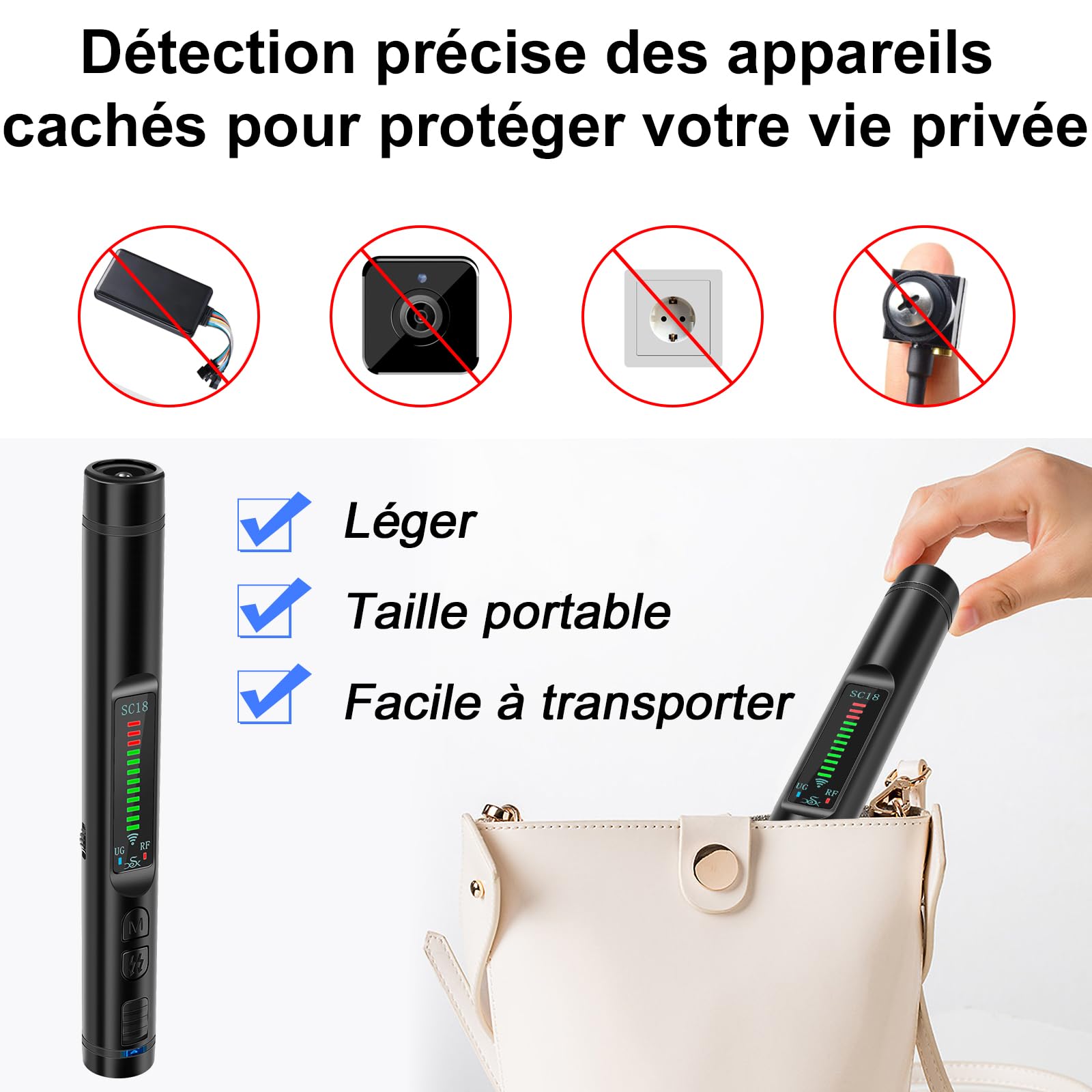 Détecteur de Caméra Anti Espion, Détecteur de Micro Caméra Cachée, Détecteur RF/Bug sans Fil, Scanner GPS Tracker Détecter GSM avec 12 Niveaux de Sensibilité pour Bureau/Hôtels