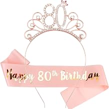 Casoty Rose Gold 80th Birthday Sash and Tiara for Women, Satin Birthday Sash and Rhinestone Headband Set, 80th Birthday Decorations Gifts Party Favor Supplies
