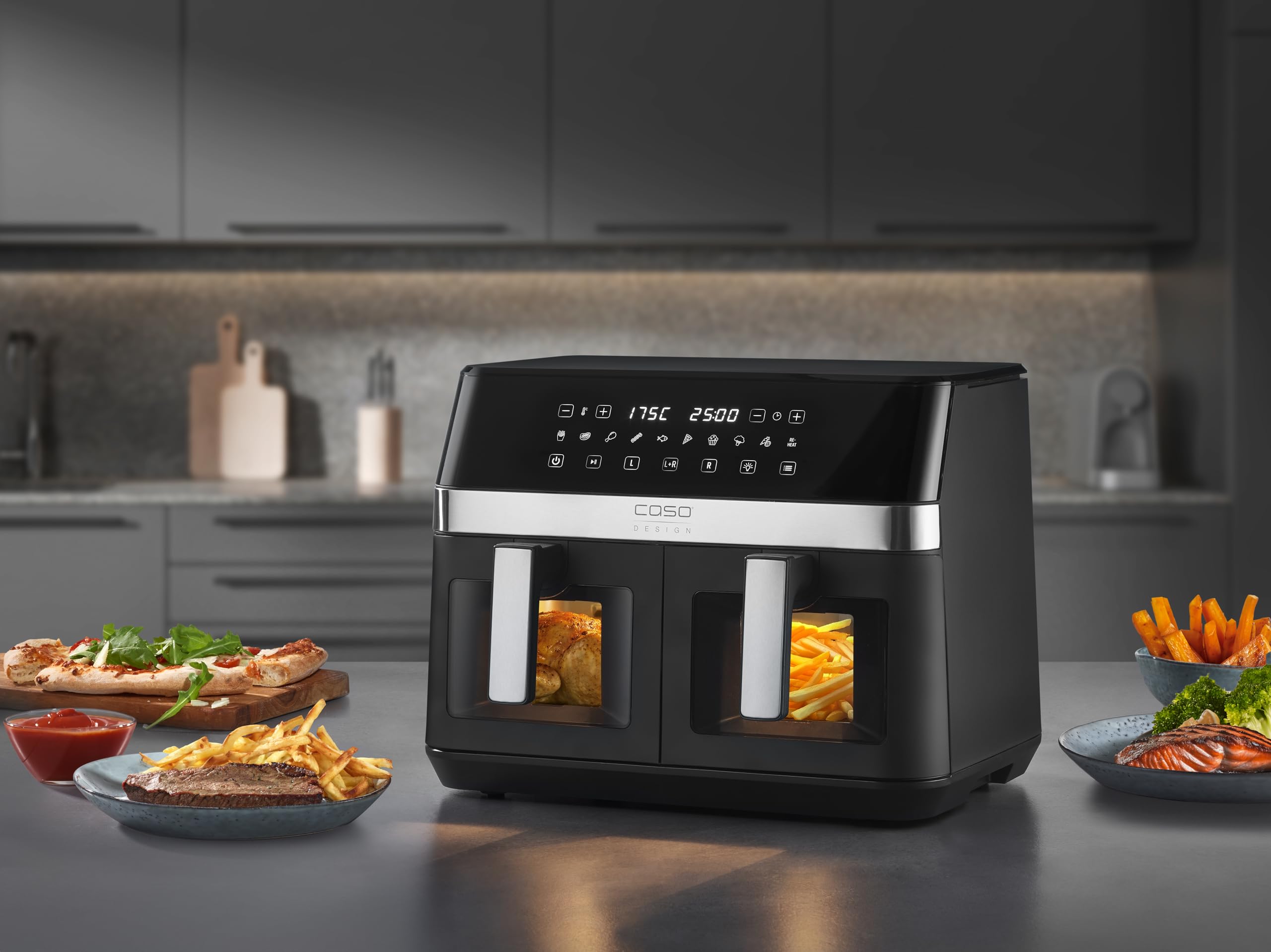CASO AirFry DuoChef frytkownica na gorące powietrze z 2 komorami, pojemność 14 l, prawie beztłuszczowa, z 10 programami, 50-200°C, timer, okienko, shake, kosze nadają się do mycia w zmywarce
