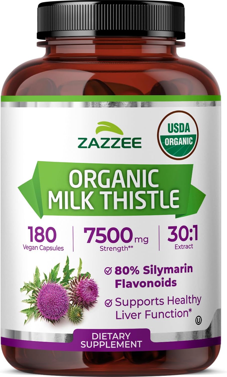 Zazzee USDA Organic Milk Thistle 30:1 Extract, 7500 mg Strength, 180 Vegan Capsules, 80% Silymarin Flavonoids, Healthy Liver Detox & Cleanse Support, 100% Vegetarian, Non-GMO, Made in The USA
