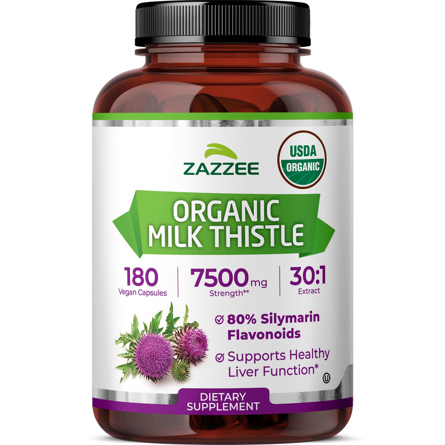 Zazzee USDA Organic Milk Thistle 30:1 Extract, 80% Silymarin, 180 Capsules 180 Count (Pack of 1)