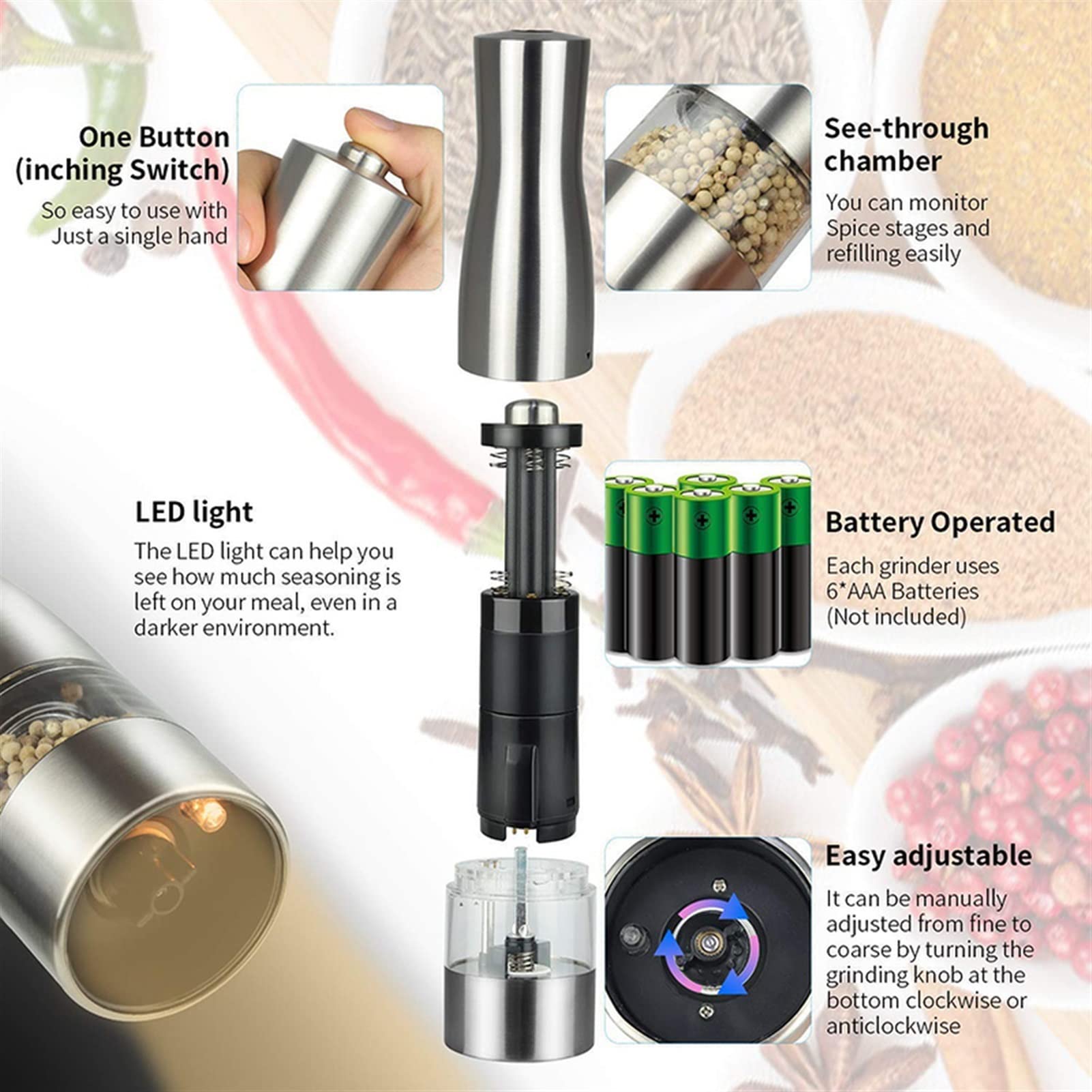 Młynki do Pieprzu Elektryczny młyn pieprzu ze stali nierdzewnej sól i szlifierka pieprzowa regulowana ceramiczna DOPROWADZIŁO Lekka kuchnia Automatyczny Młyn Spice Spice Grinder