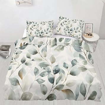 Leaf Comforter Cover 120 x 98, Eucalyptus Leaves Bedding Oversized King Size, Grey Botanical Leaves Duvet Cover with 2 Pillowcases