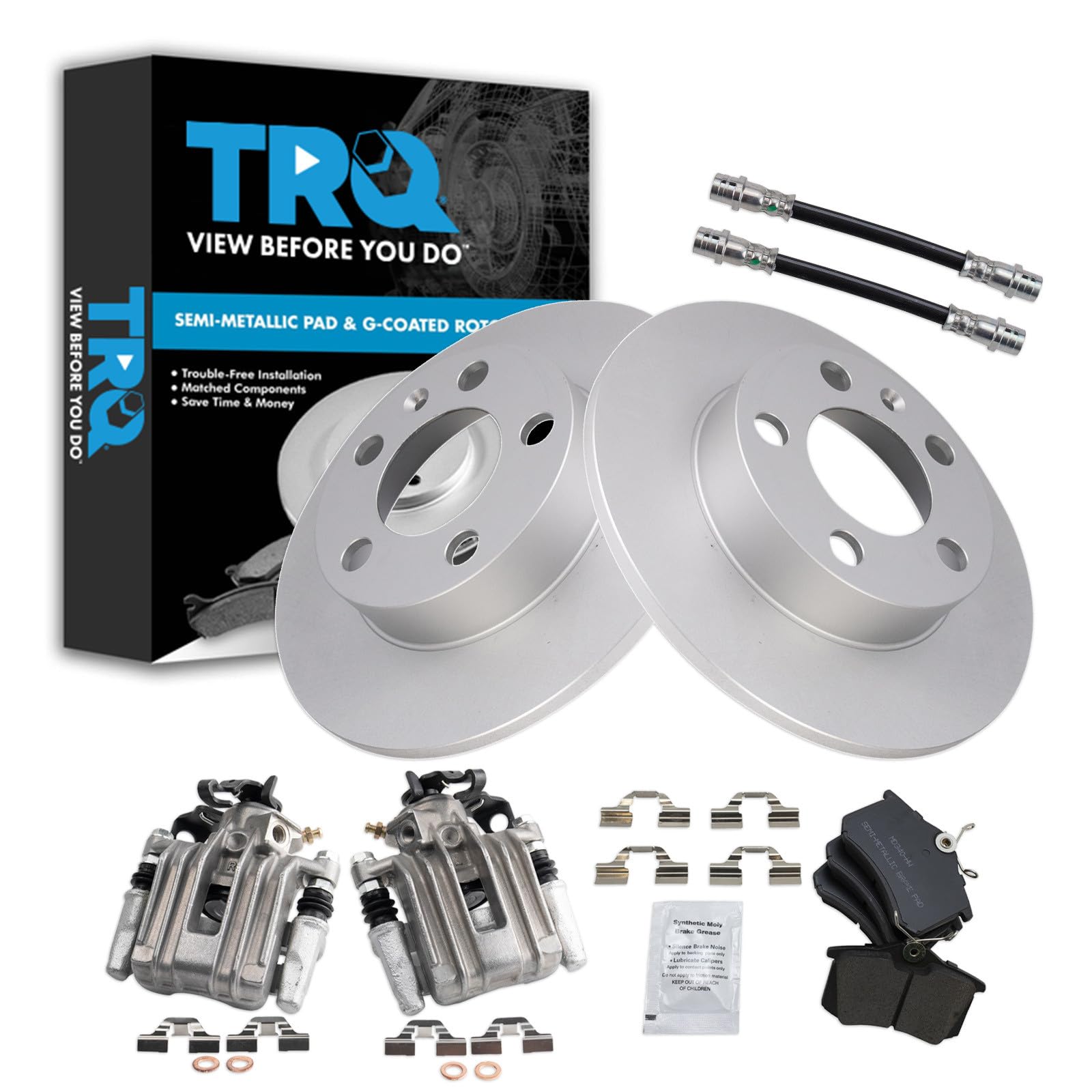 TRQ Rear Brake Pad and Rotor Set Semi Metallic G Coated Rotors Calipers Compatible with 2007-2010 Volkswagen Beetle 1999 Golf