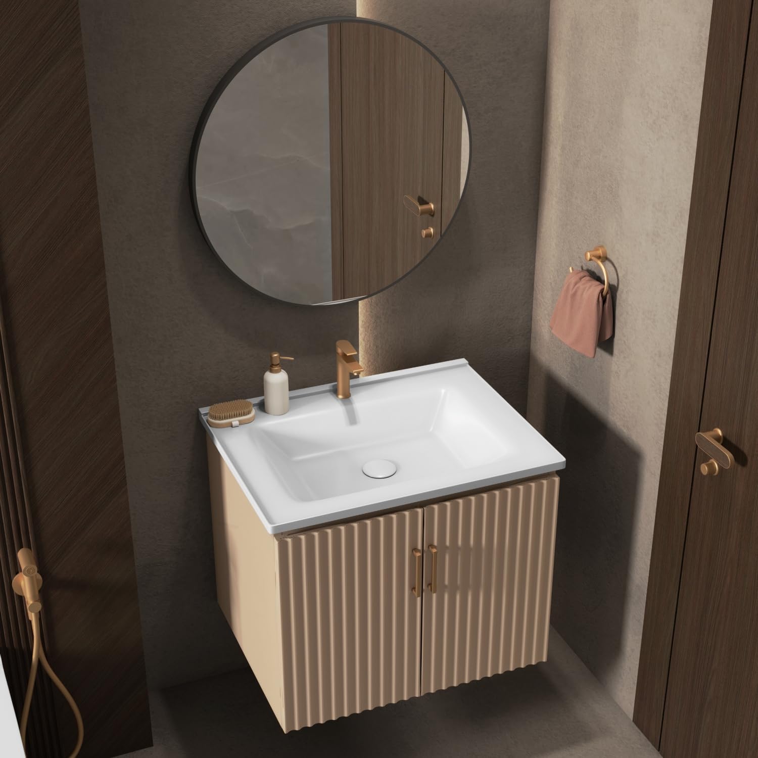 WASSMIST Wall Mounted Bathroom Vanity Unit with Ceramic Wash Basin & Round Mirror | Double Door Storage Cabinet | Waterproof Thermoplastic Vanity | Beige Designer Wash Basin Cabinet-image-11