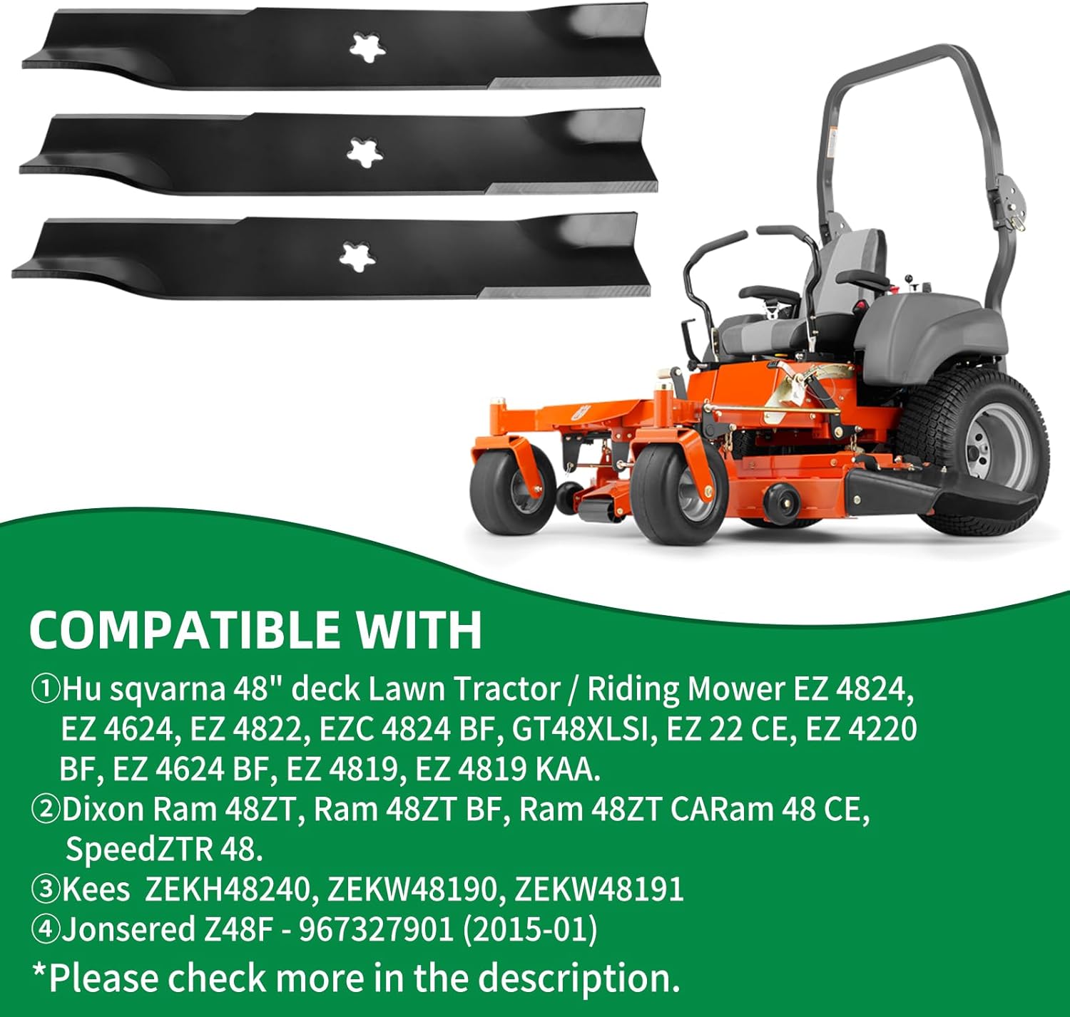 539113425 Replacement Blades Set for Hu sqvarna 48" Deck, 575296401 Mower Blade Compatible with Hu sqvarna EZ4824 EZ5225 Zero Turn Mower, 48 Inch Cut Dixon Ram Series Riding Tractor, 3 Pack