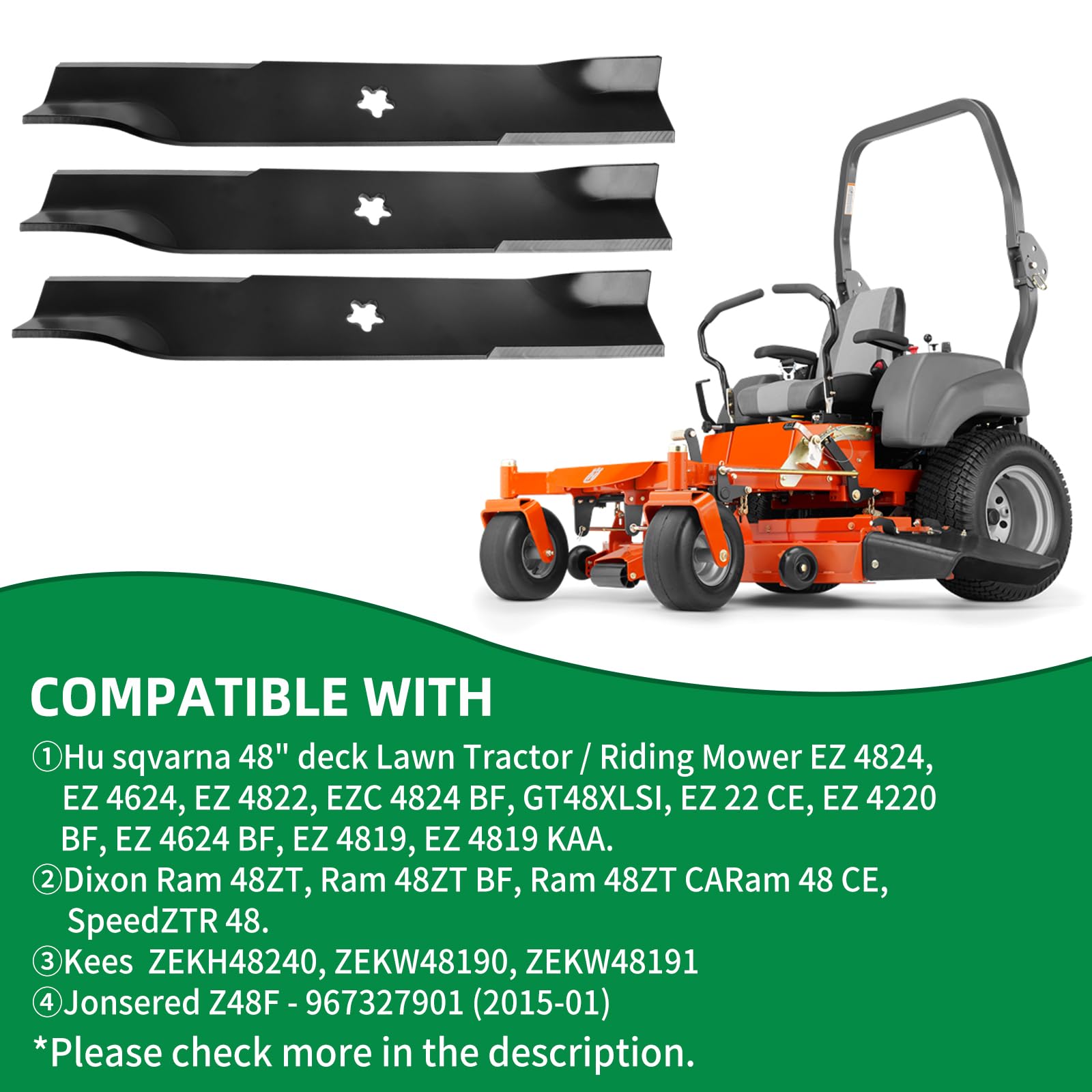 539113425 Juego de cuchillas de repuesto para cubierta Hu sqvarna de 48 pulgadas, cuchilla de cortacésped 575296401 compatible con tractor Hu sqvarna EZ4824 EZ5225 Zero Giro, 48 pulgadas Cut