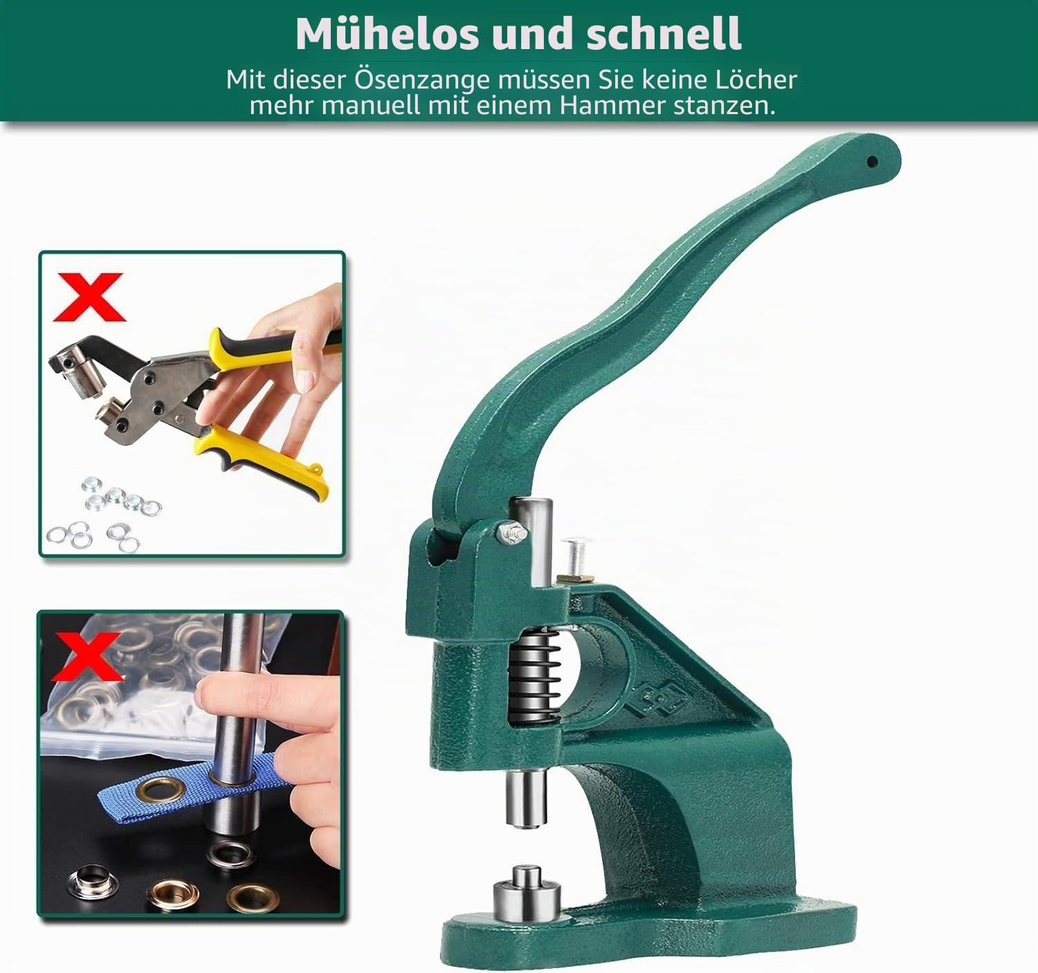 DEWIN Ösenzange Set, 1 Stück Handpresse Ösenmaschine mit 1500 Stück Ösen und 3 Löchern Werkzeugen 6/10/12mm