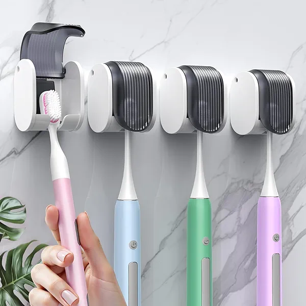4 Pcs Toothbrush Holders Wall Mounted, Single Slot Design, Shower Self Adhesive Wall Mounted Toothbrush Holder with Cover, Waterproof and Dustproof, Suitable for Bathroom, Family, Travel (Grey)