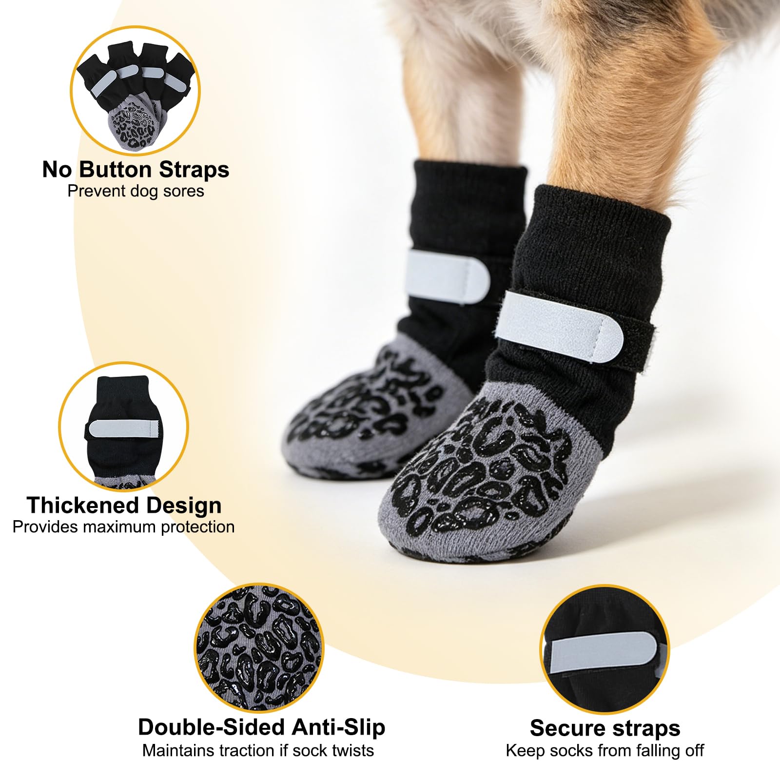 Chaussettes Antidérapantes pour Chien avec Double Adhérence & Sangle Ajustable - Lot de 4 pour Parquet et Carrelage, Anti-Glisse et Anti-Léchage, Protection des Pattes pour Chiens Âgés et Actifs (M)