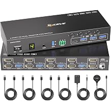 4 Port HDMI KVM Switch 2 Monitors 4 Computers 4K@60Hz EDID Simulation Dual Monitor KVM Switch with 4 USB 3.0 Ports for USB Peripherals, Audio, RS232, with Wired Remote,12V Power and 4 USB Cables