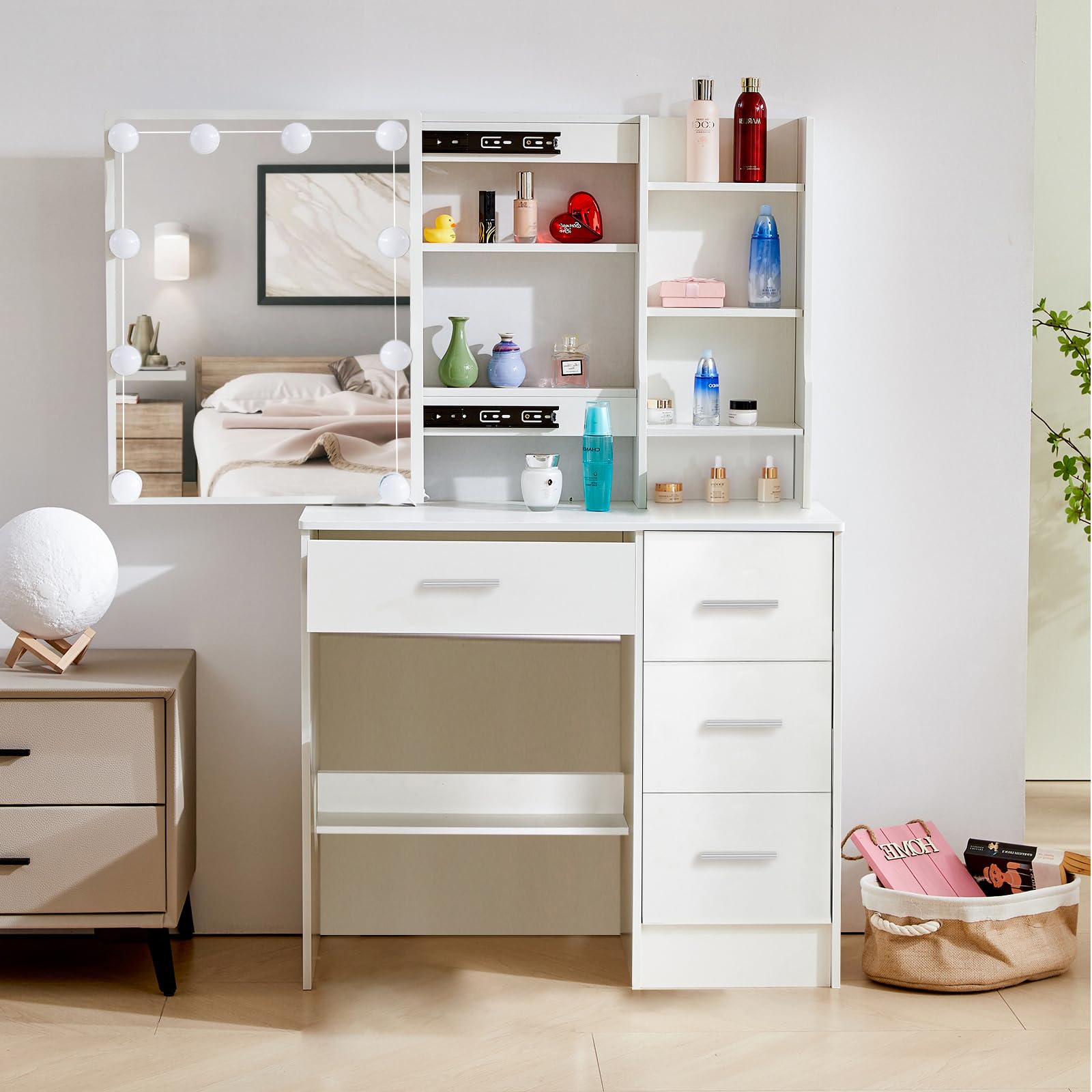 Toeletta Trucco con Luci, Toeletta Trucco con Sgabello, 3 Temperature di Colore e Luminosità Regolabile, Bianco, 36x80x131cm