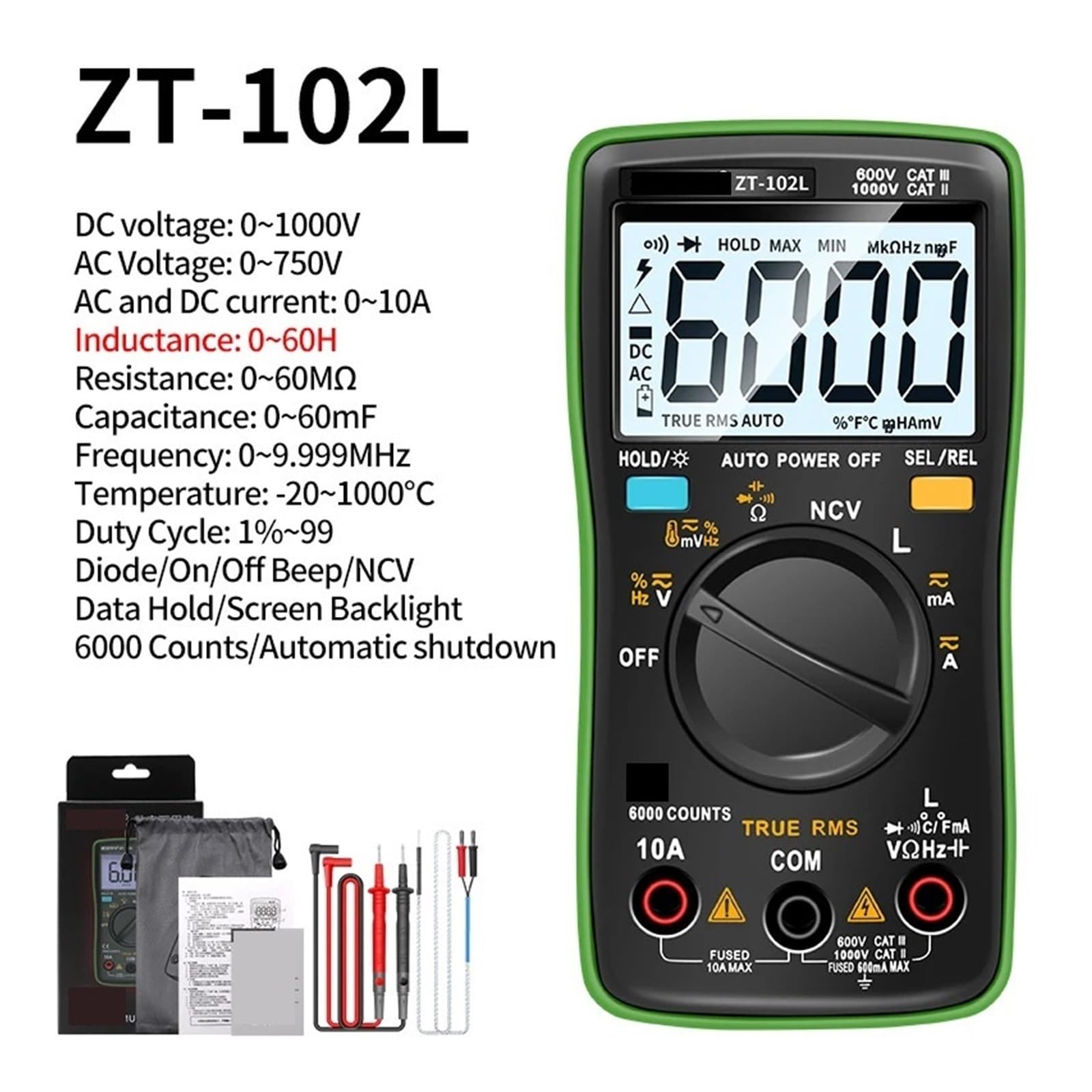 Multimetr cyfrowy, Inteligentny multimetr cyfrowy ZT102L, 6000 zliczeń z automatycznym zakresem, amperomierz True RMS