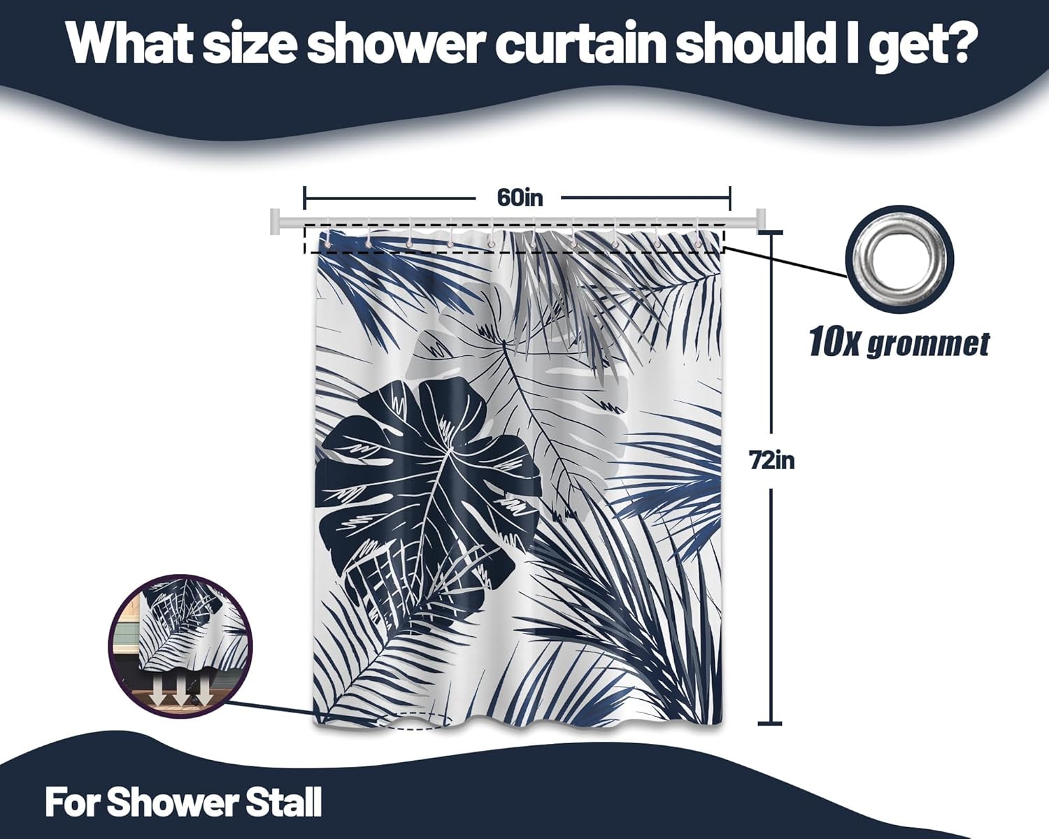 Navy Blue Tropical Shower Curtain Palm Leaf Blue Gray Shower Curtain for Bathroom Decor, Waterproof Fabric Set with Hooks, 60 x 72 Inches