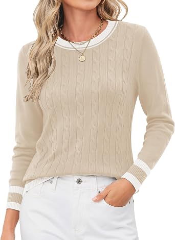 Rapbin Womens Contrast Trim Knit Sweater Long Sleeve Crew Neck Pullover | Color Block Soft Lightweight Regual fit,Business Casual Work,Fashion Versatile Fall Spring Outfits,Winter Layer Clothing