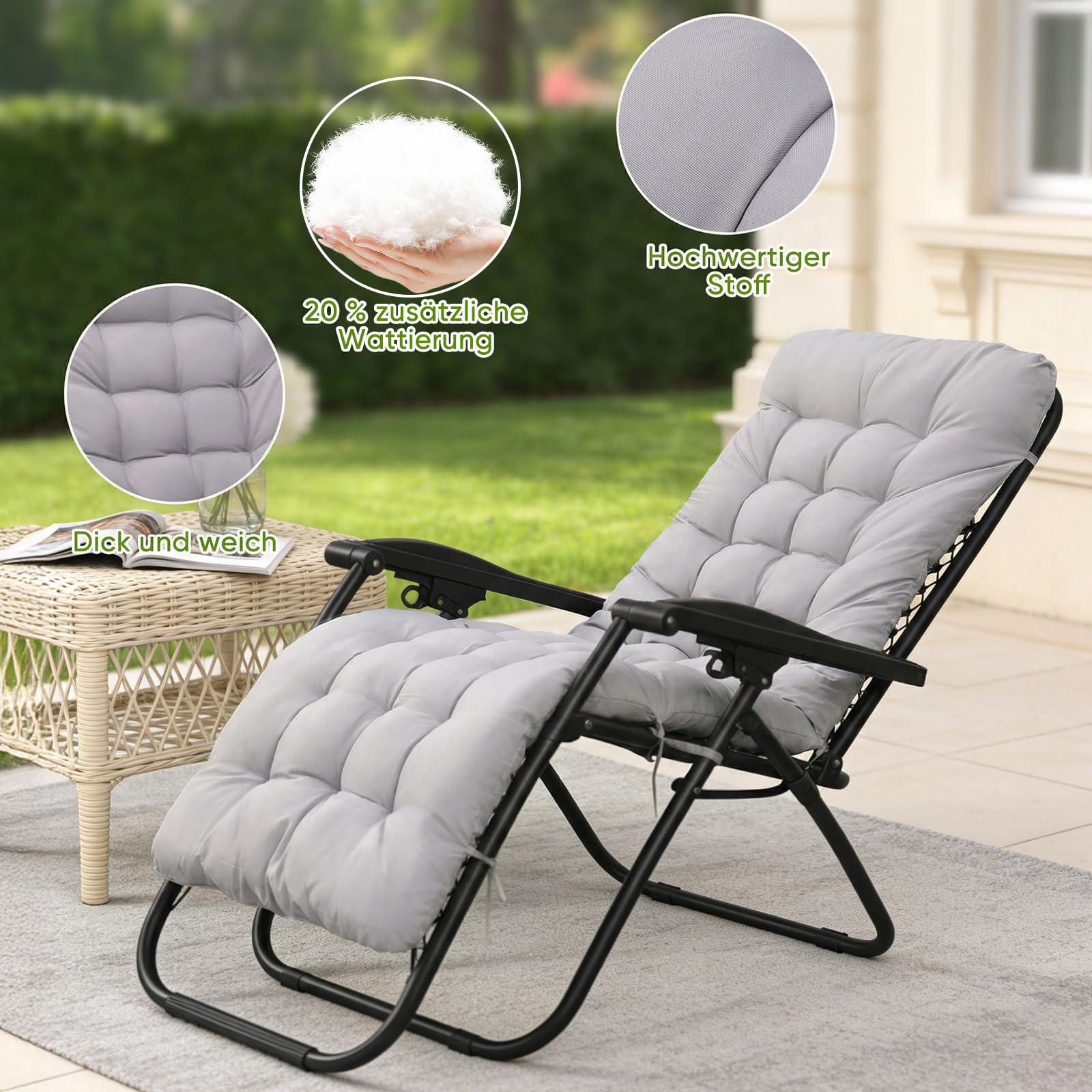 Lot de 2 coussins pour chaise longue - 170 x 53 x 8 cm - Épaisseur : 170 x 53 x 8 cm - Pour chaise longue - Avec cravate - Pour vacances, extérieur, chaise longue - Gris