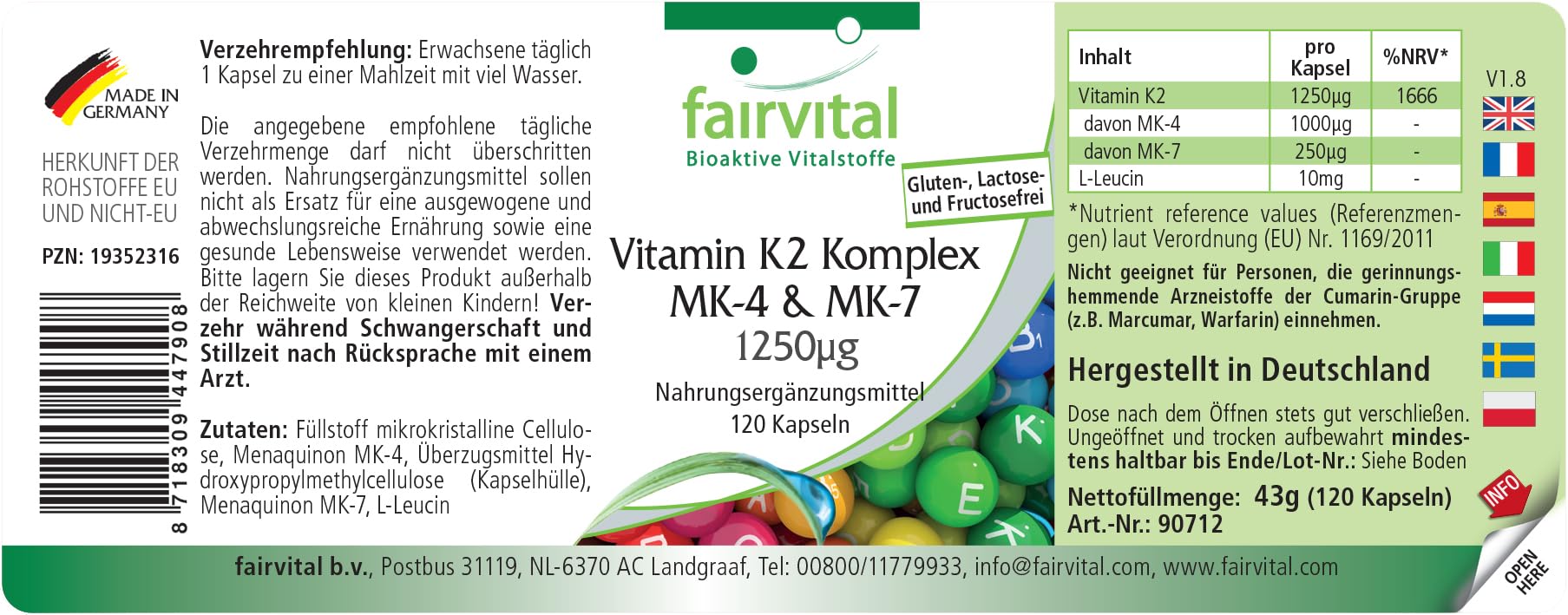 fairvital Complexe de vitamine K2 MK-4 & MK-7-1250 mcg de K2 par gélule, 120 gélules, faciles à avaler, HAUTEMENT DOSÉ, VÉGÉTALIEN, MK-7