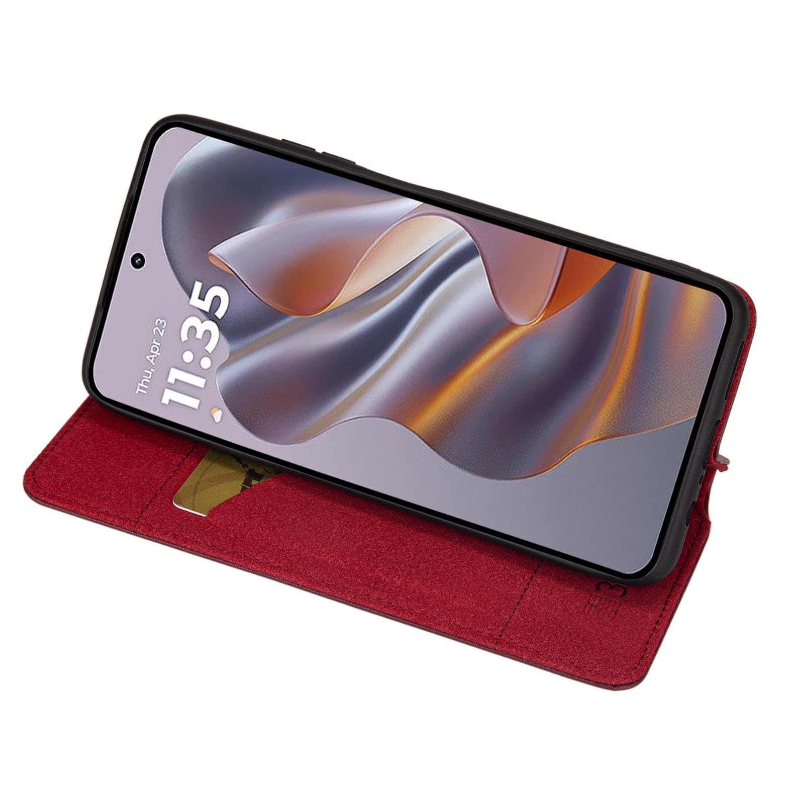 Étui Portefeuille Motorola Edge 50 Neo – Cuir Véritable Bordeaux – Rabat Magnétique + Support