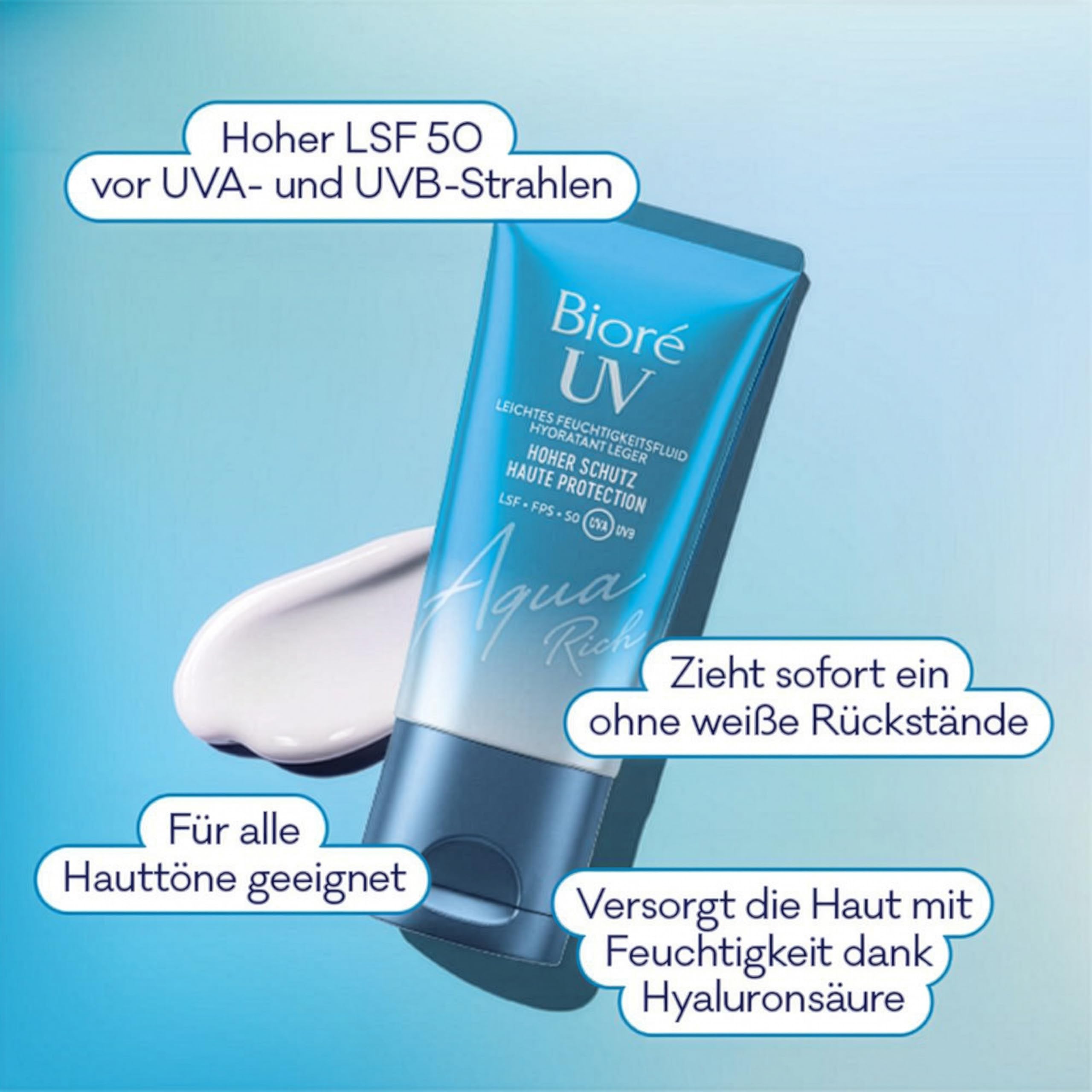 Biore Aqua Rich UV – lekki płyn nawilżający do twarzy – ochrona przed słońcem – współczynnik ochrony przeciwsłonecznej LSF 50 – UVA/UVB – działa pod makijażem – nie natłuszcza