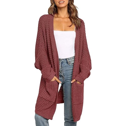 MEROKEETY Women's Oversized Long Batwing Sleeve Cardigan Waffle Knit Sweater Coat