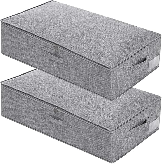 Underbed Storage, 2 Pack Large Under Bed Storage Box with Lid, Foldable Sturdy Under Bed Clothes Storage Drawer Organiser W/ 3 Handles, Ultra Thick Fabric Under Bed Storage Bag with Zip, 76x38x17cm