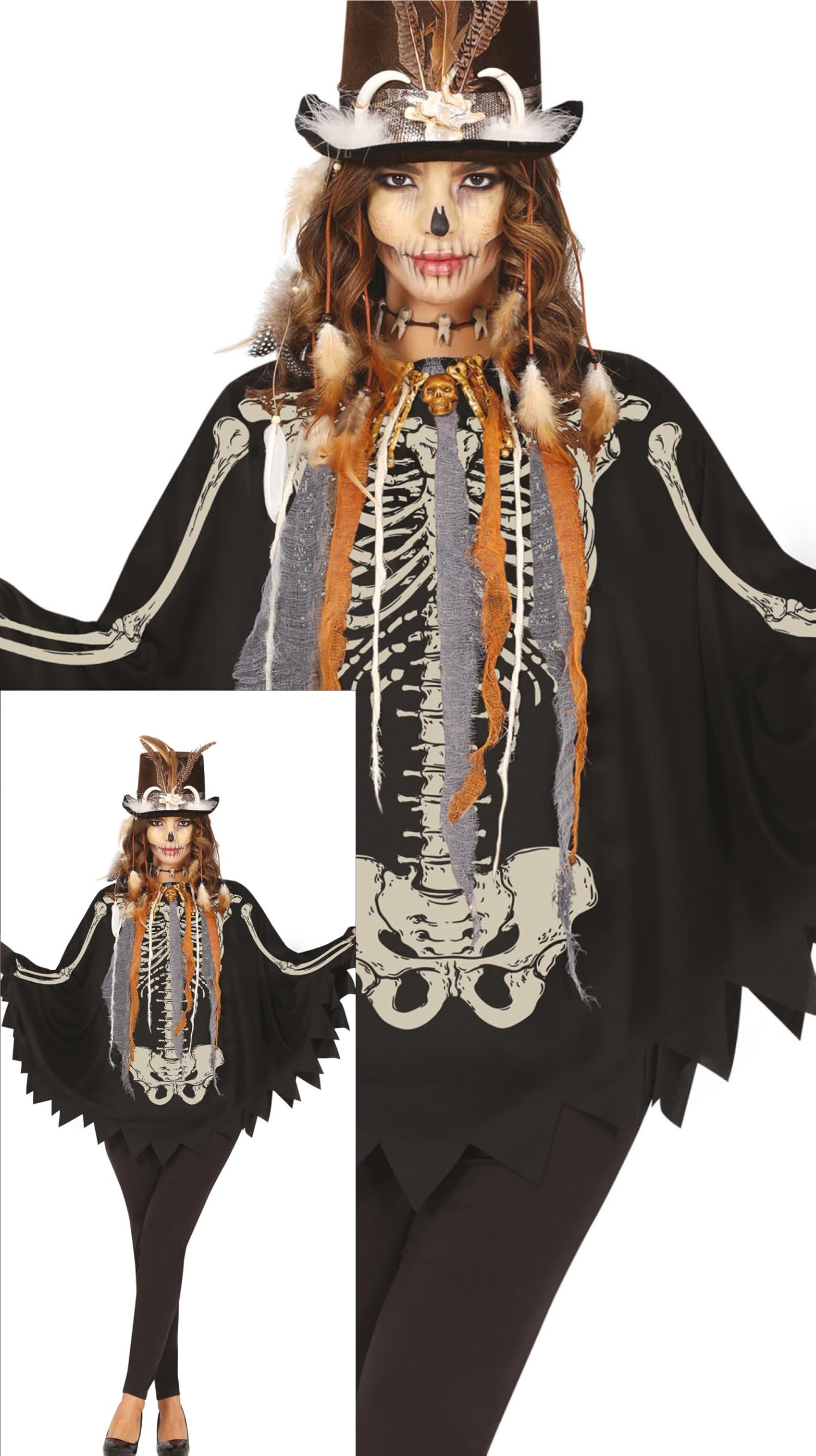 FIESTAS GUIRCA Skeleton Poncho Women Fancy Dress Costume - Black Poncho with Skeleton Print - Halloween Costumes for Women Size L