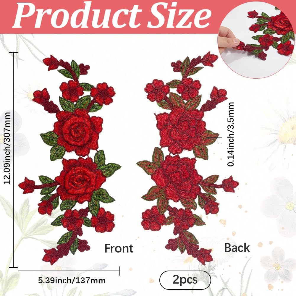GORGECRAFT 2Pcs Red Floral Embroidered Applique Rose Flower Sew on Patches Bouquet Boho Love Decorative Embroidery Sewing Patch Floral Pair Polyester Ornament for Collar Clothes Dress Backpacks Crafts