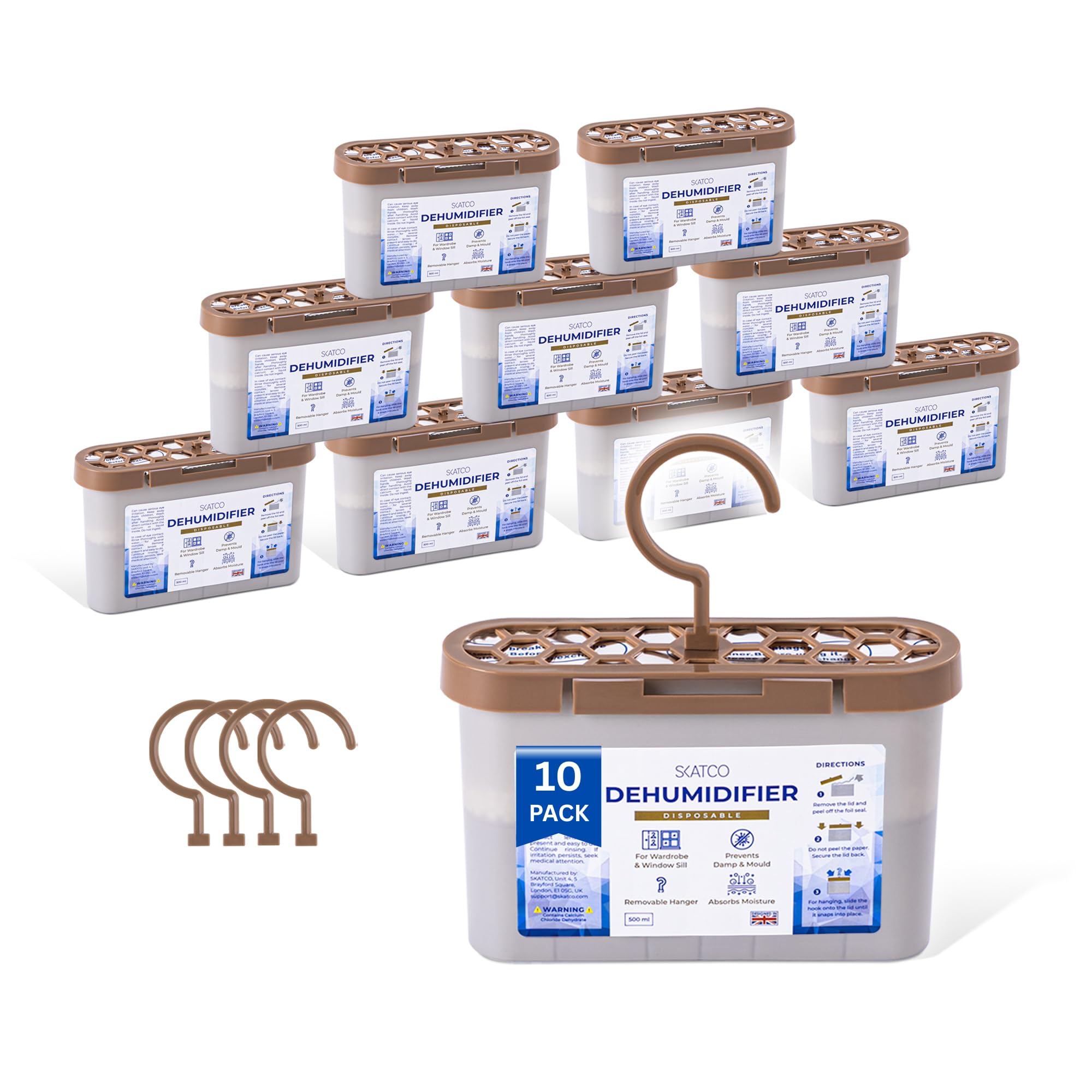 Disposable Dehumidifier Bags - 2-In-1 Condensation Absorbers for Flat Surfaces & Hanging - Compact 500ml Moisture Absorber Dehumidifiers for Home, Kitchen, Wardrobe, Garage, Basement - 10 Pack