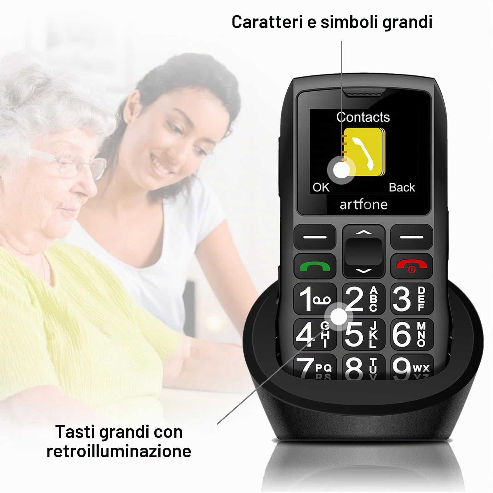 artfone C1+ 4G Telefono Cellulare per anziani | Tasto SOS, base di ricarica, altoparlante, chiamata rapida, Bluetooth, USB-C | Telefono robusto con annuncio dell’ora | Menù italiano | Grandi tasti