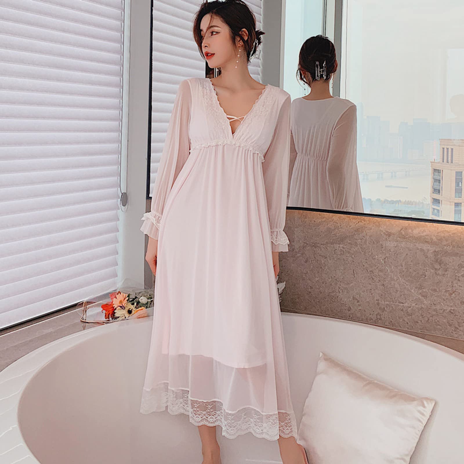 OFFSUM Camisón De Pijama De Mujer - Sexy Cuello En V Camisón De Encaje Ropa De Dormir Primavera Verano Estilo Princesa Color Sólido Camisón Malla Loungewear Vestido Casual