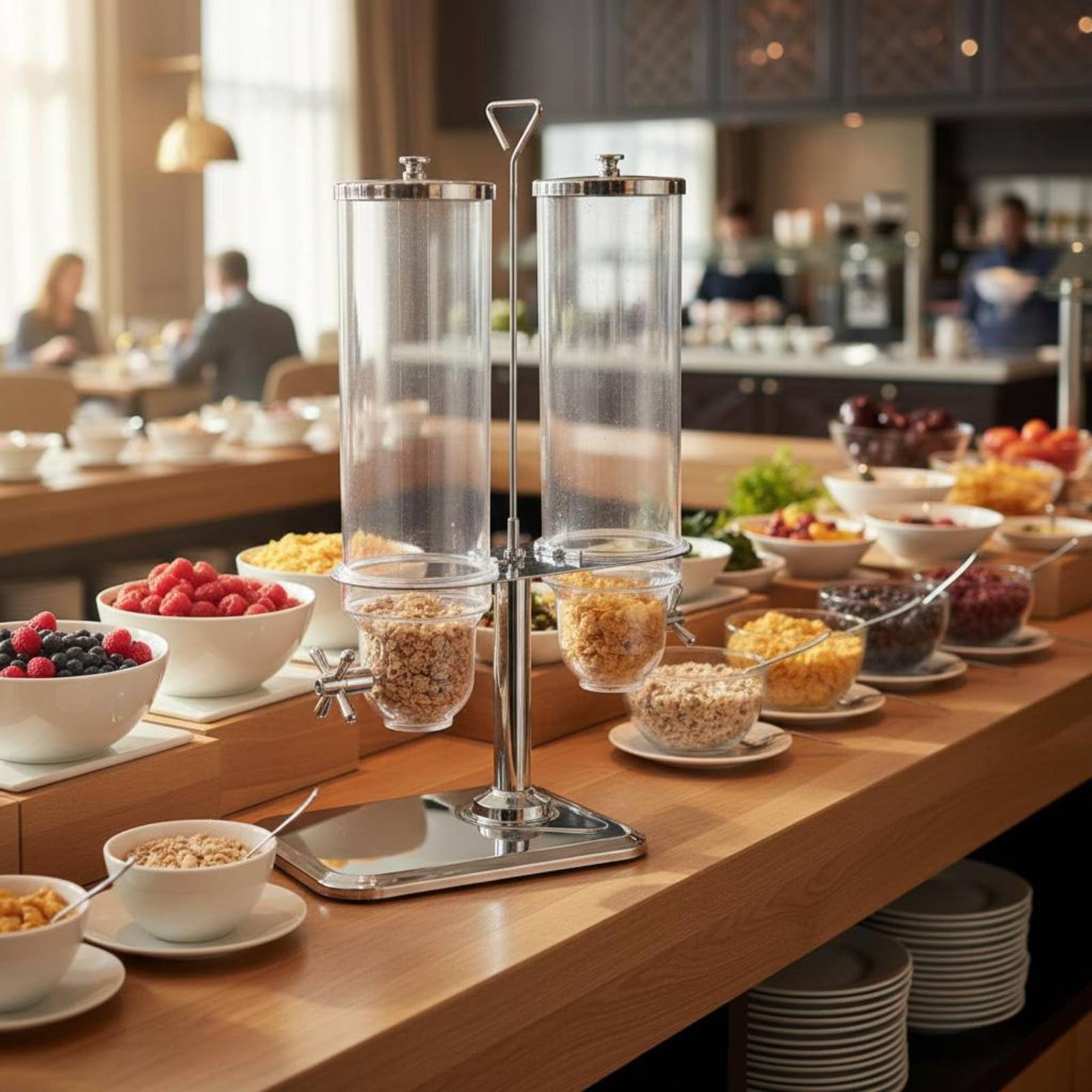 Gralara Erogatore Doppio da Colazione Rubinetto in Acciaio Inossidabile Distributore di Cereali Grande Capacità per Buffet, Feste, Distributore Rotante Doppio Per Cereali
